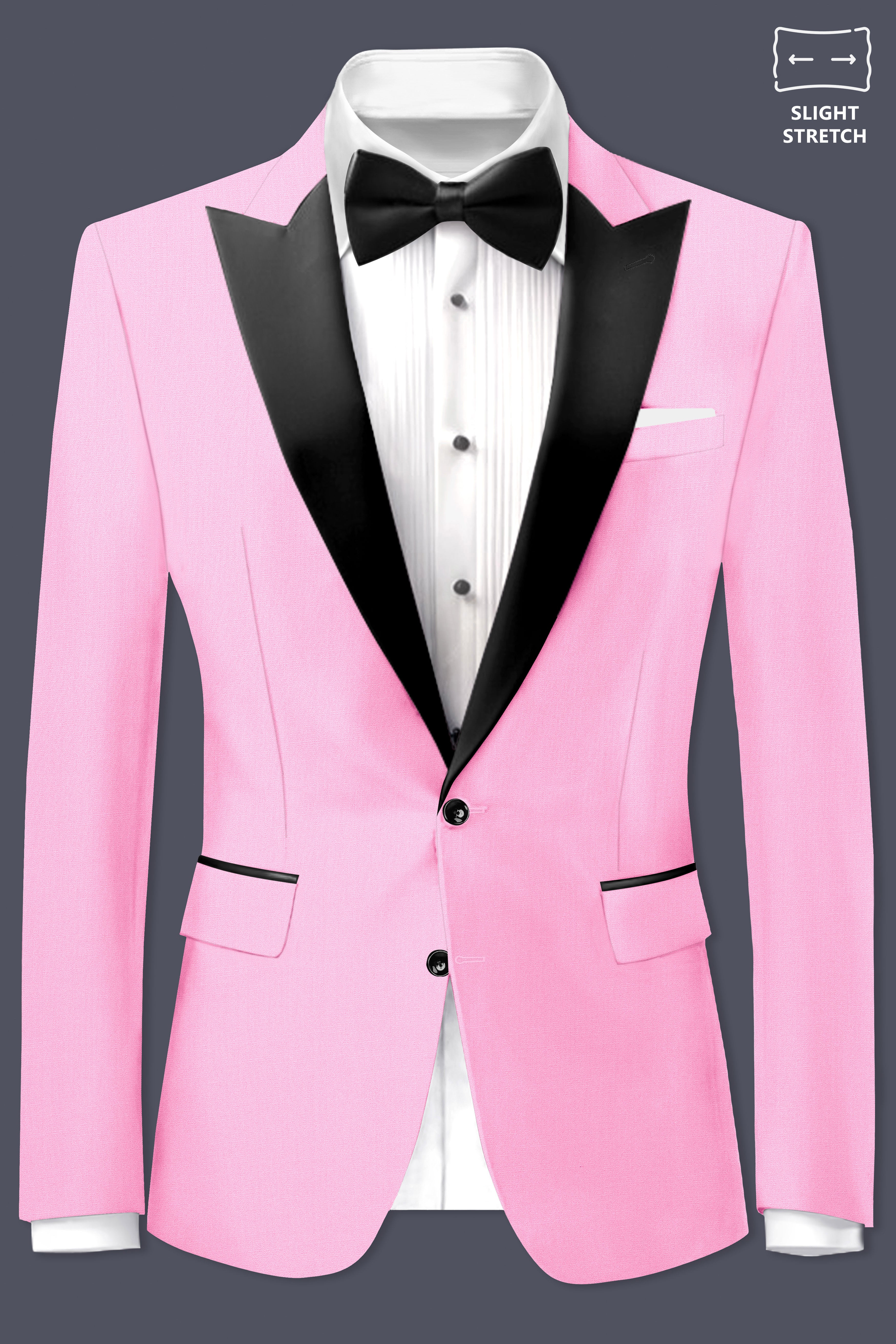 Rosé Reverie-Pestel Pink Solid Wool Rich Peak Lapel Tuxedo Slight Stretch Suit