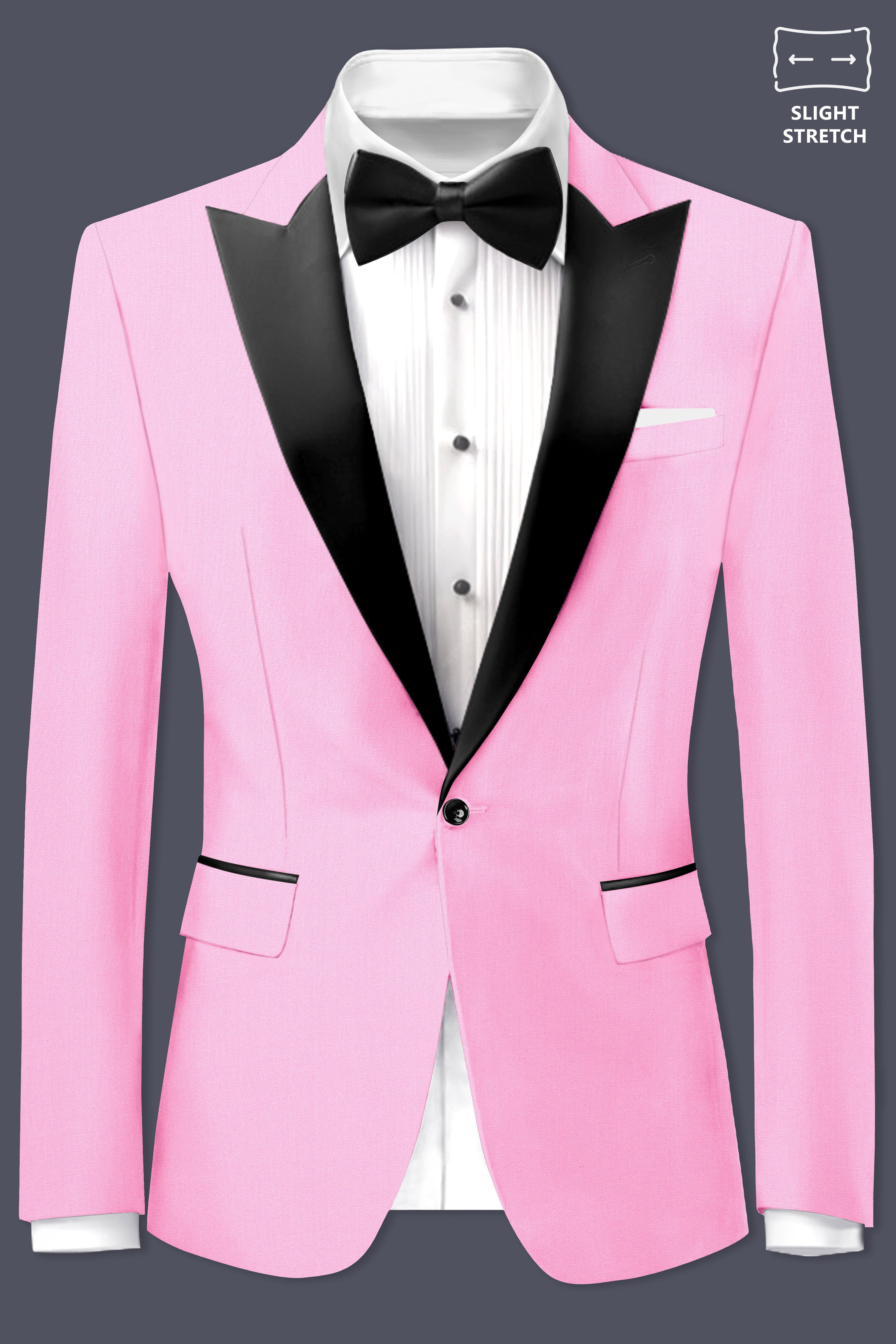Rosé Reverie-Pestel Pink Solid Wool Rich Peak Lapel Tuxedo Slight Stretch Suit