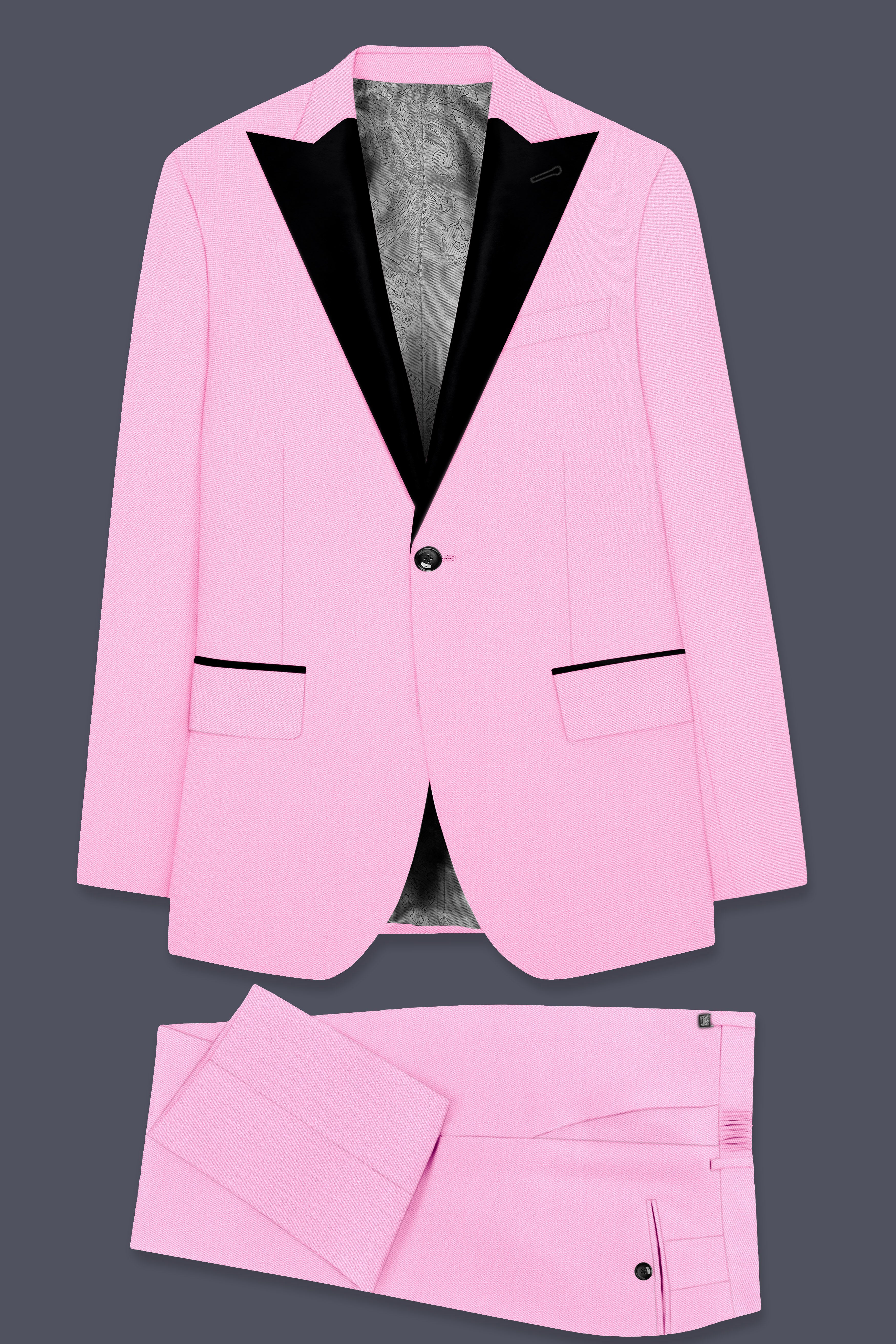 Rosé Reverie-Pestel Pink Solid Wool Rich Peak Lapel Tuxedo Slight Stretch Suit
