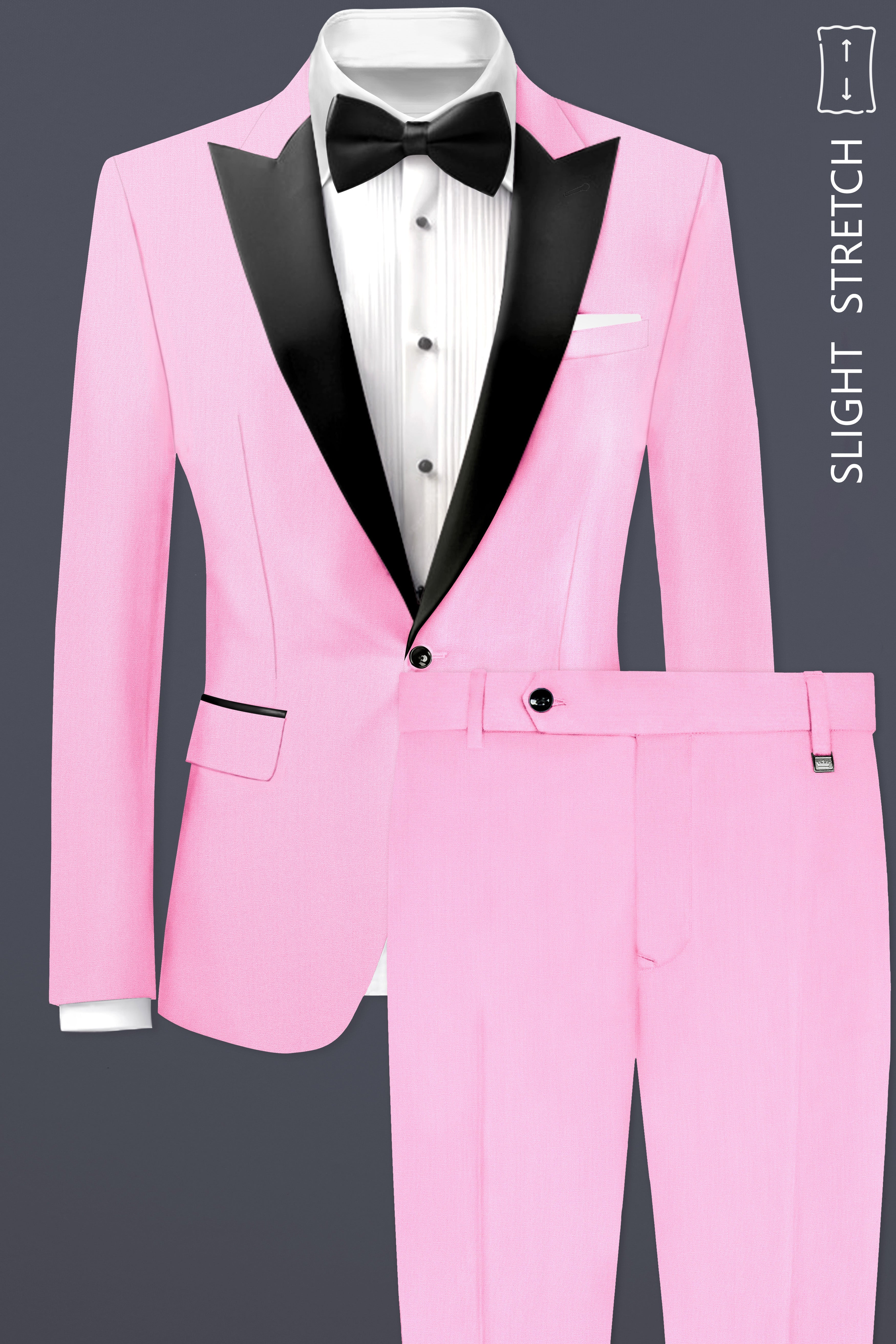 Rosé Reverie-Pestel Pink Solid Wool Rich Peak Lapel Tuxedo Slight Stretch Suit