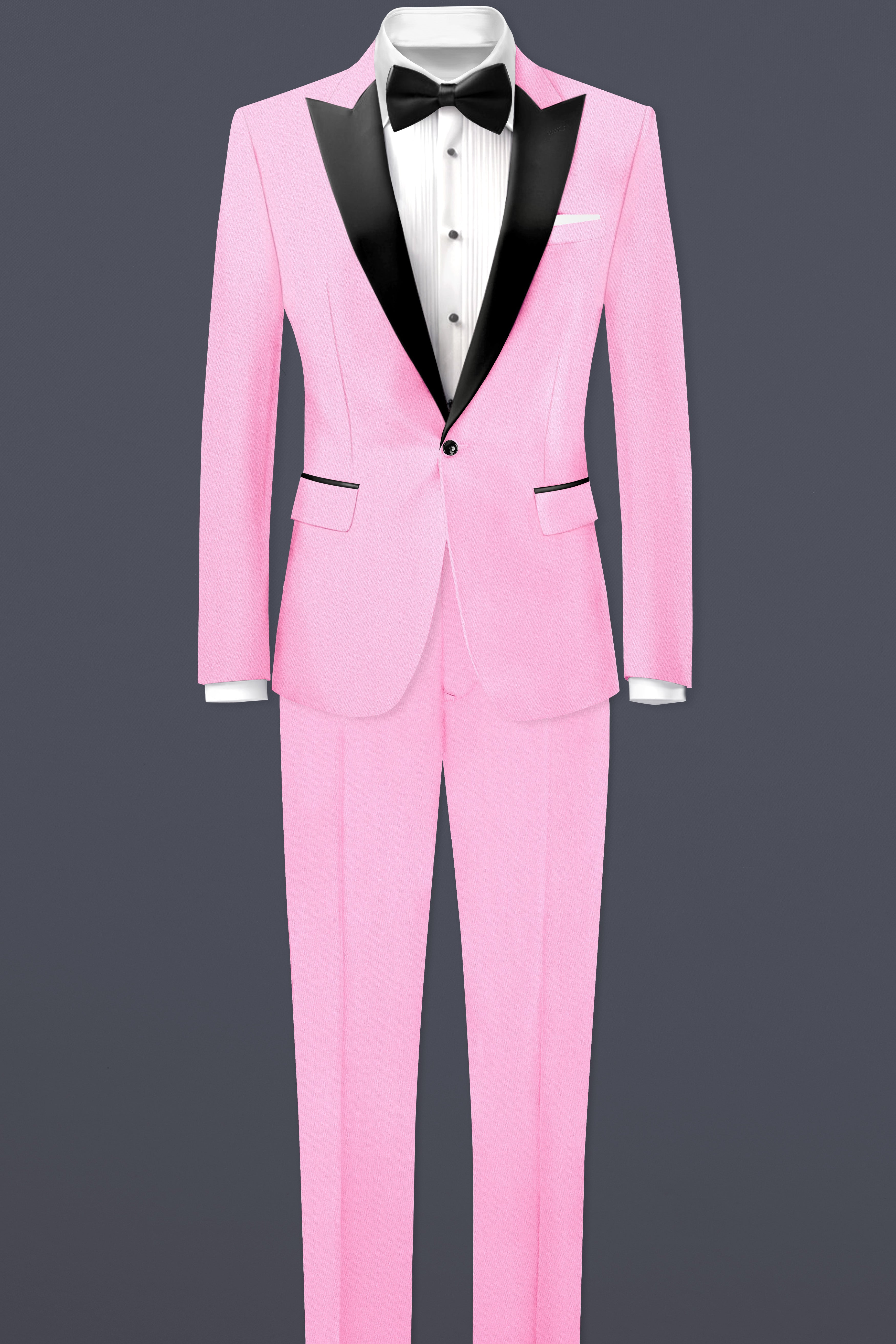 Rosé Reverie-Pestel Pink Solid Wool Rich Peak Lapel Tuxedo Slight Stretch Suit