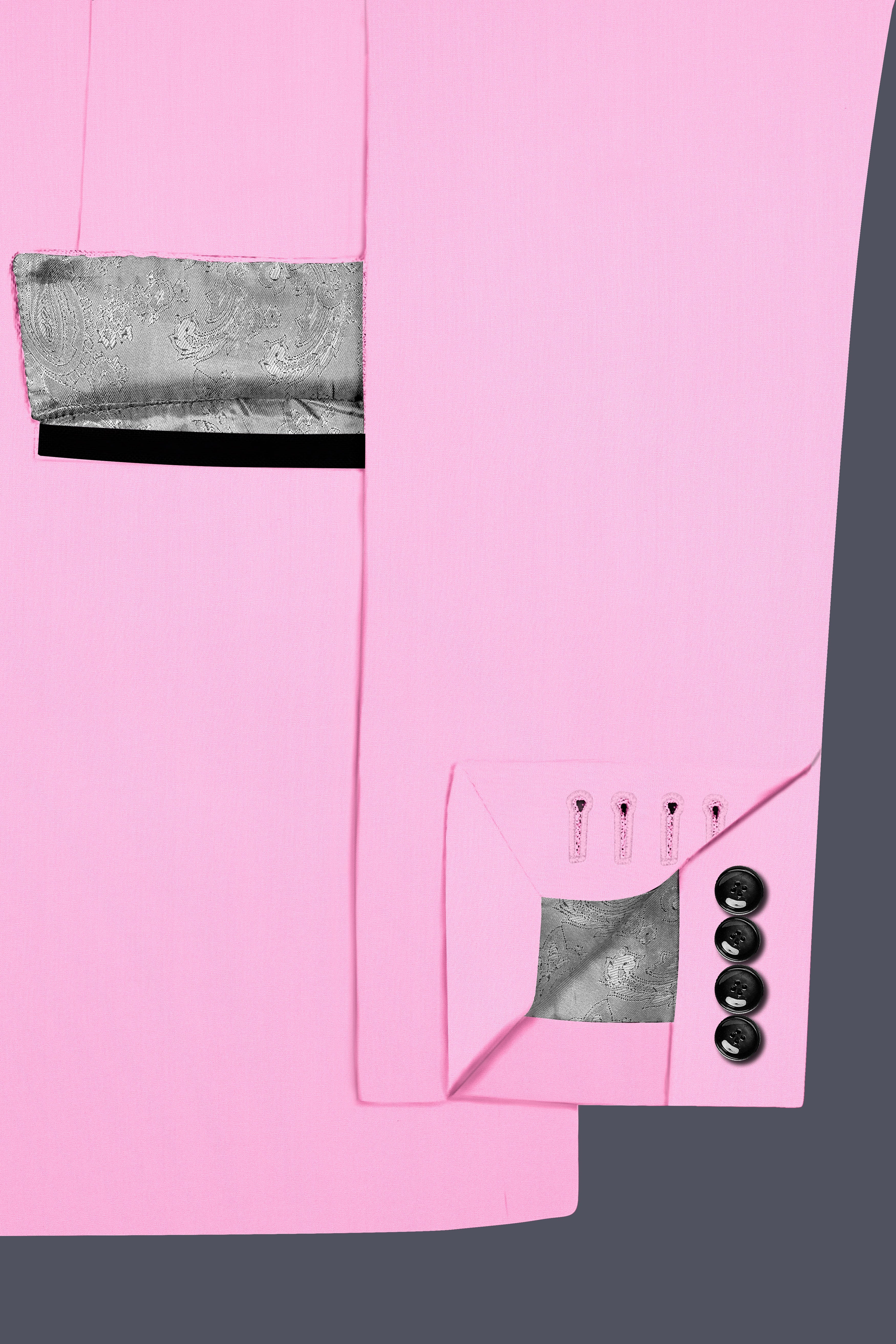 Rosé Reverie-Pestel Pink Solid Wool Rich Peak Lapel Tuxedo Slight Stretch Suit