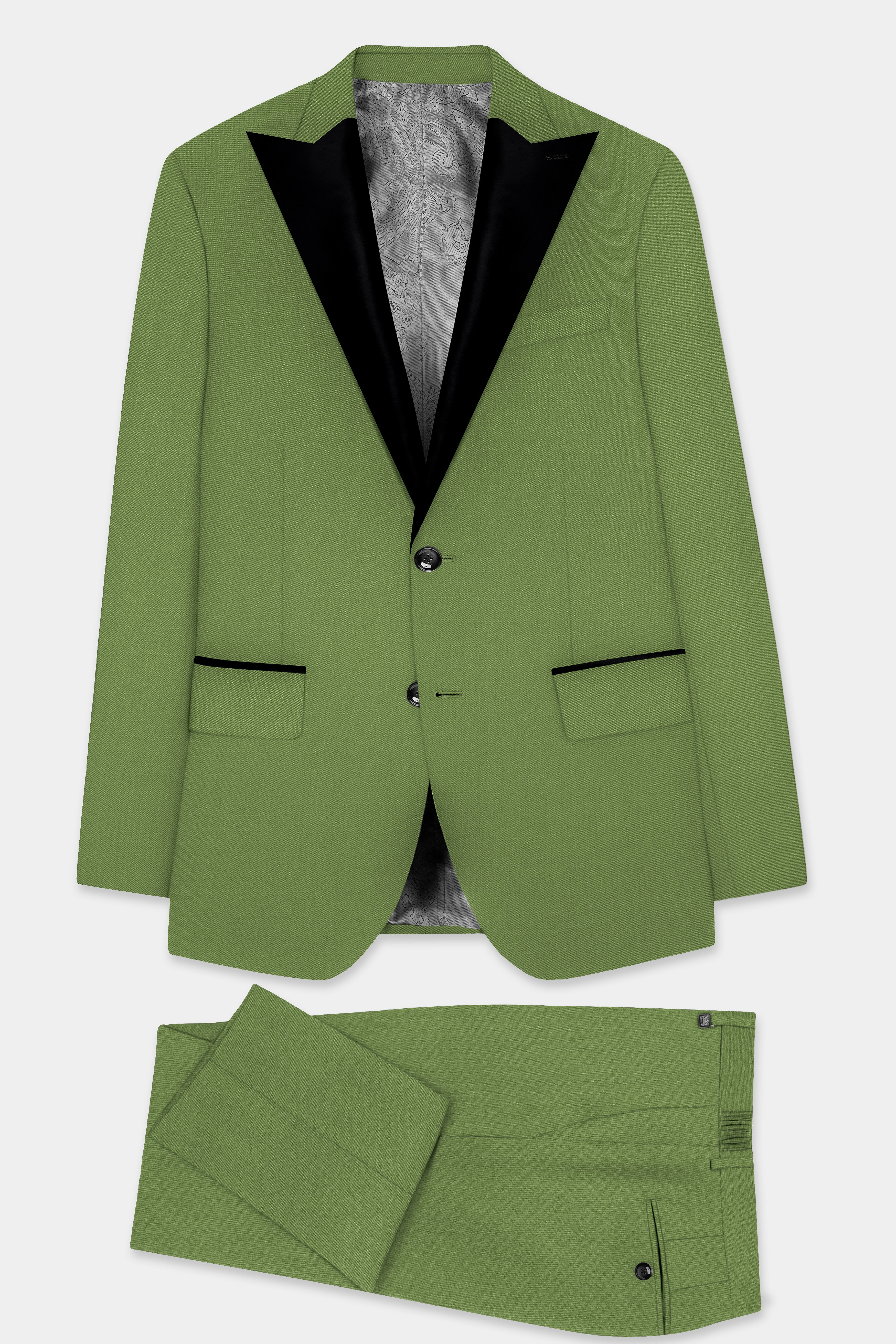 Sage Regal-Dingley Green Solid Wool Rich Peak Lapel Tuxedo Slight Stretch Suit