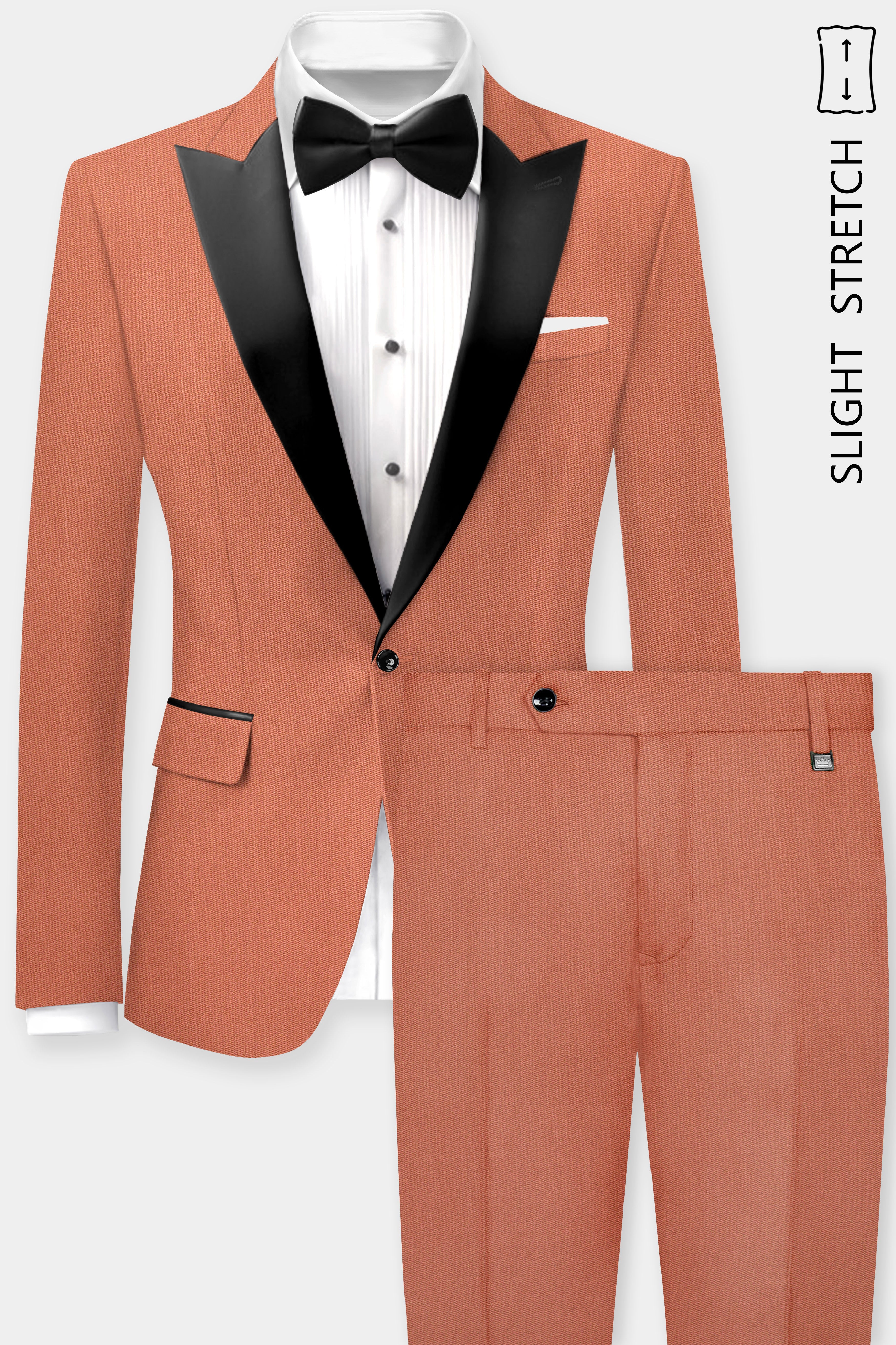 Spiced Sunset-Salmon Orange Solid Wool Rich Peak Lapel Tuxedo Slight Stretch Suit