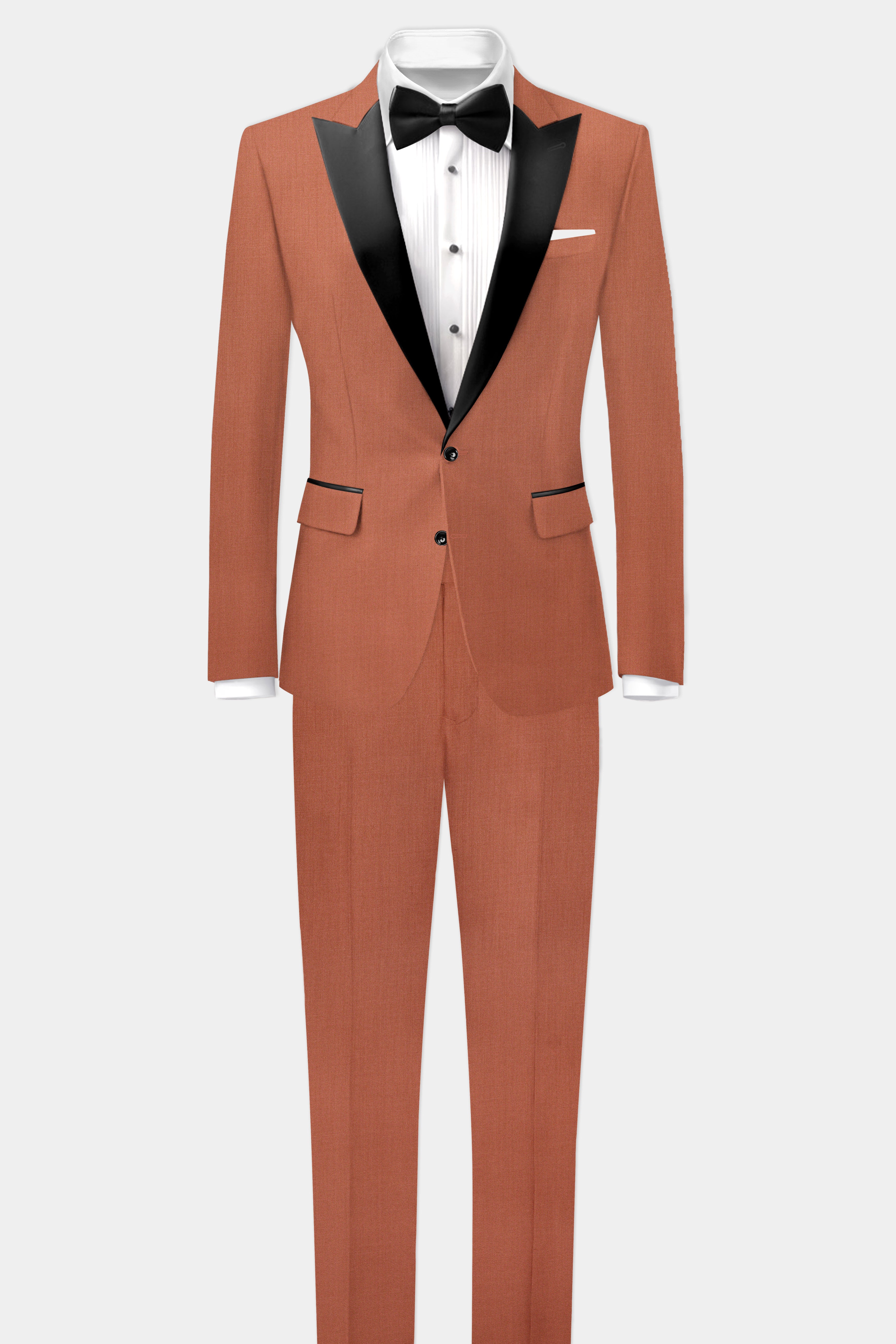 Spiced Sunset-Salmon Orange Solid Wool Rich Peak Lapel Tuxedo Slight Stretch Suit