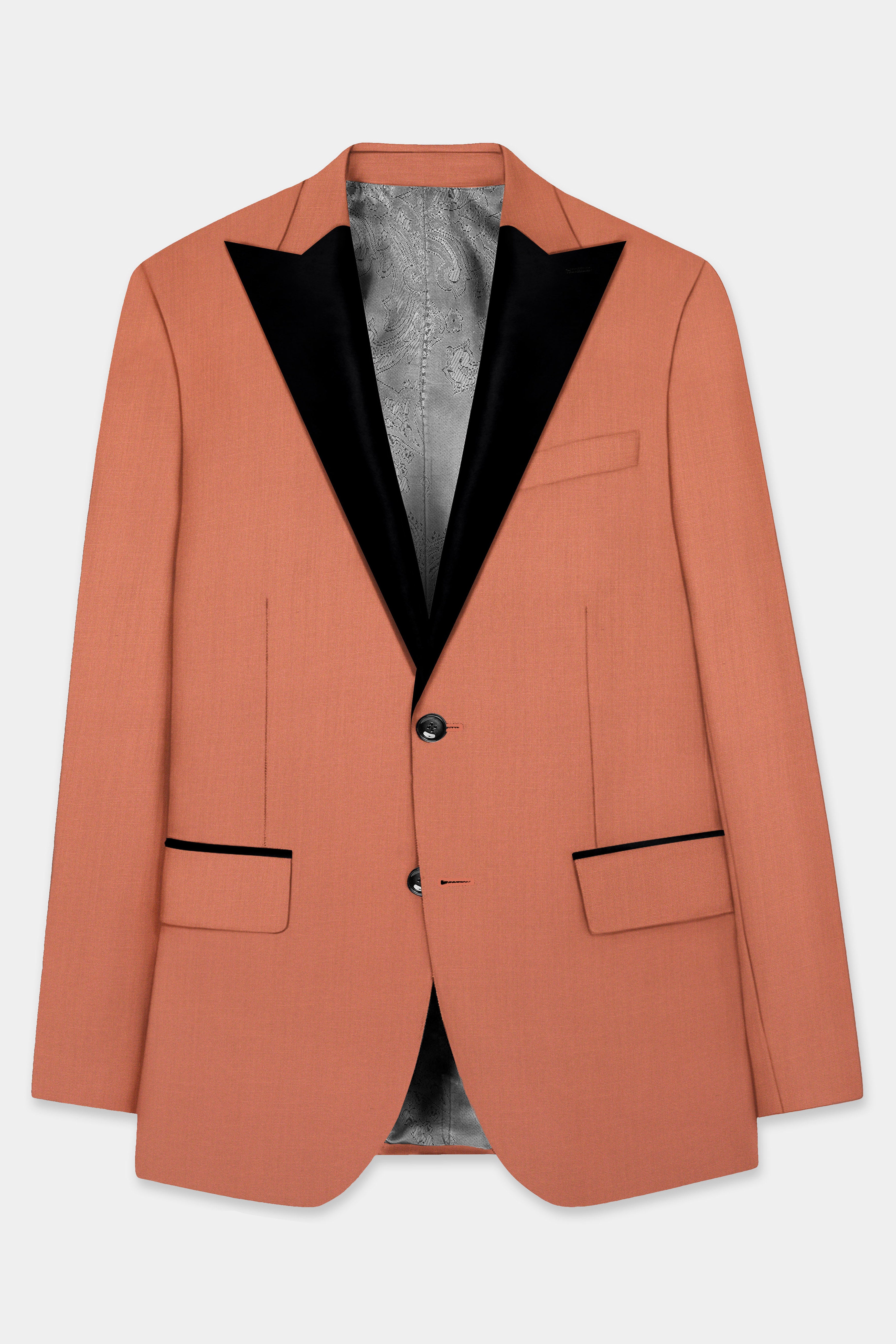 Spiced Sunset-Salmon Orange Solid Wool Rich Peak Lapel Tuxedo Slight Stretch Suit