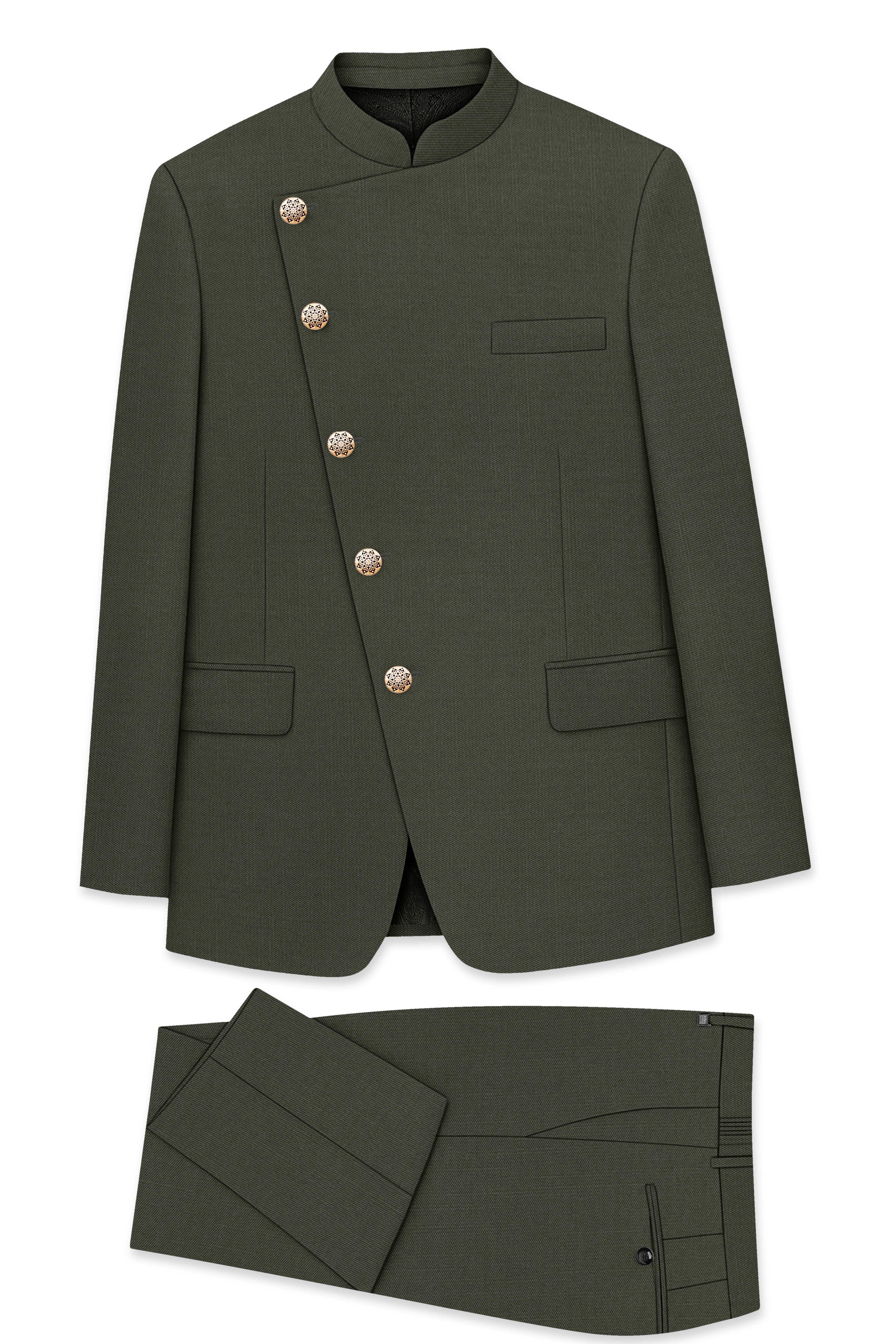 Verdant Majesty-Juniper Green Solid Wool Rich Cross Placket Bandhgala Slight Stretch Suit