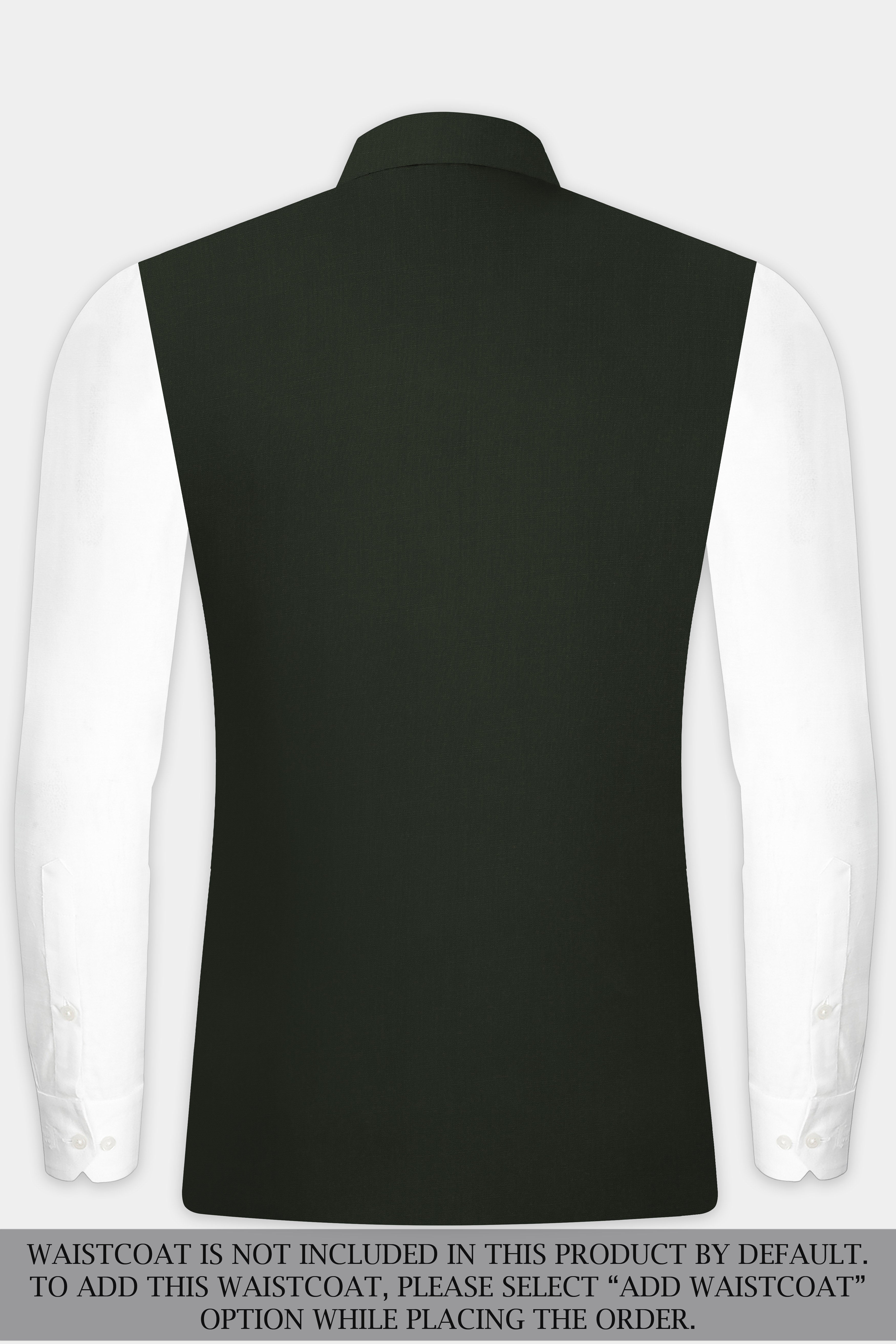 Verdant Majesty-Juniper Green Solid Wool Rich Cross Placket Bandhgala Slight Stretch Suit