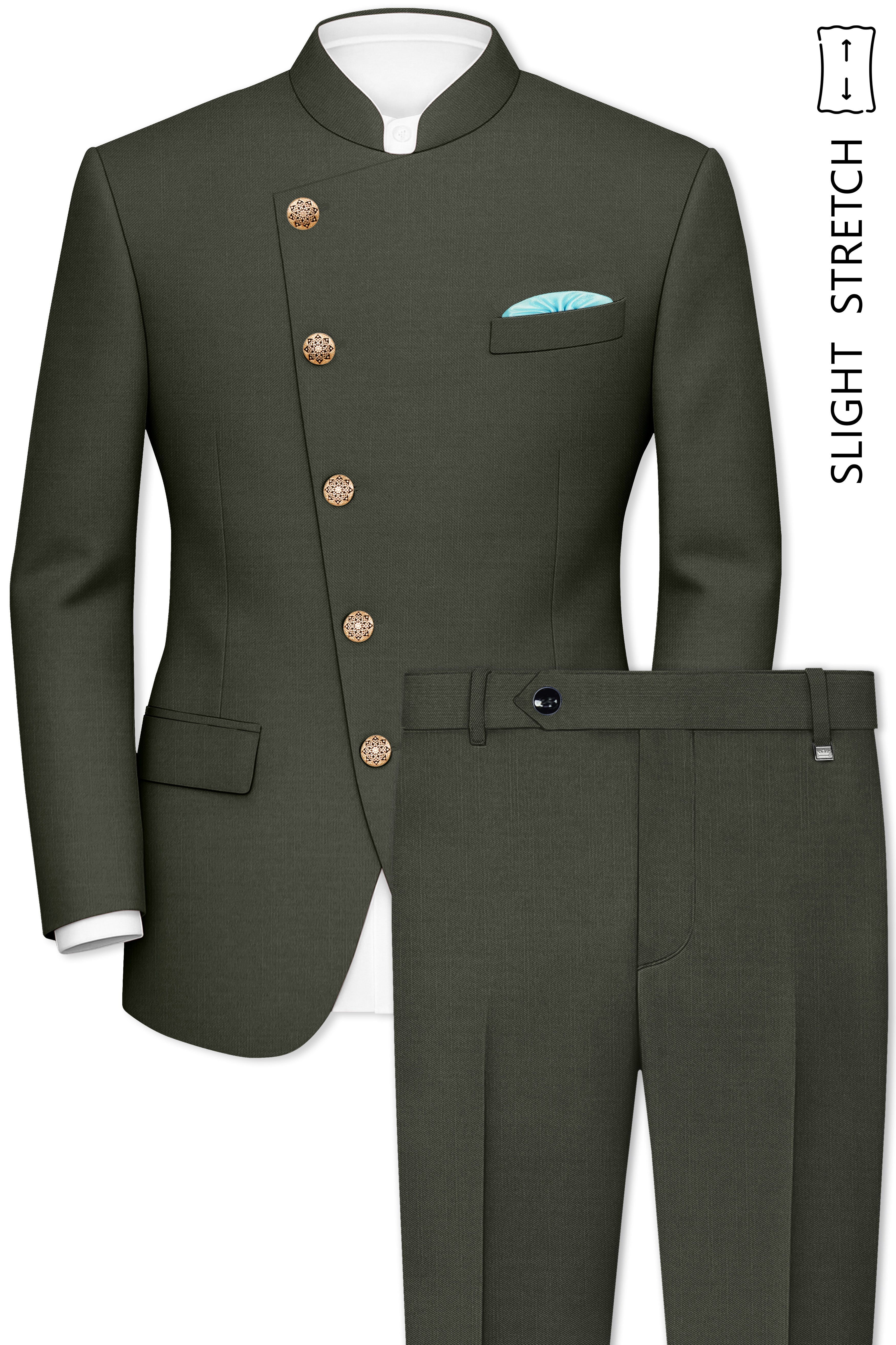 Verdant Majesty-Juniper Green Solid Wool Rich Cross Placket Bandhgala Slight Stretch Suit