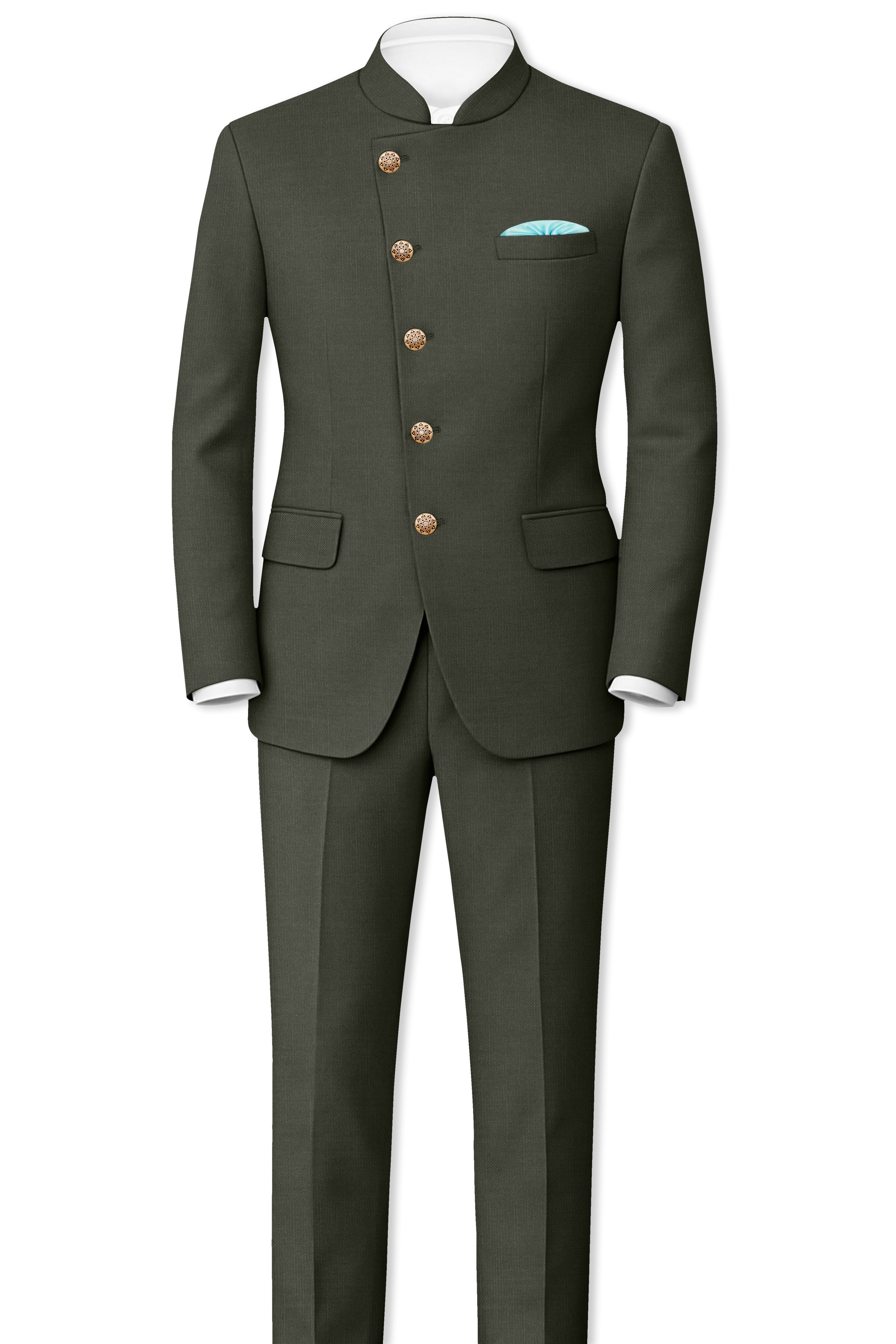 Verdant Majesty-Juniper Green Solid Wool Rich Cross Placket Bandhgala Slight Stretch Suit