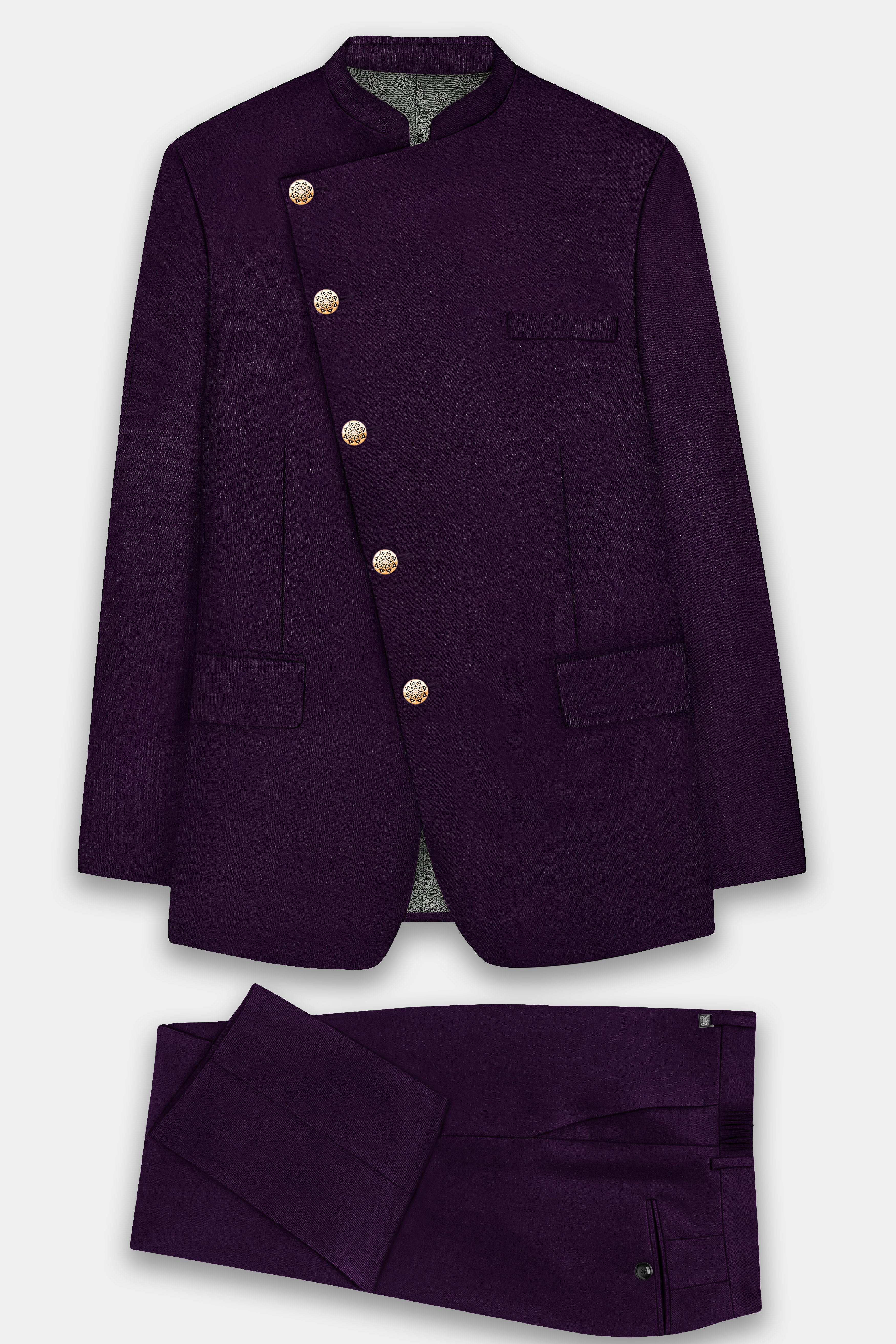 Regal Plum-Eggplant Purple Solid Wool Rich Cross Placket Bandhgala Slight Stretch Suit