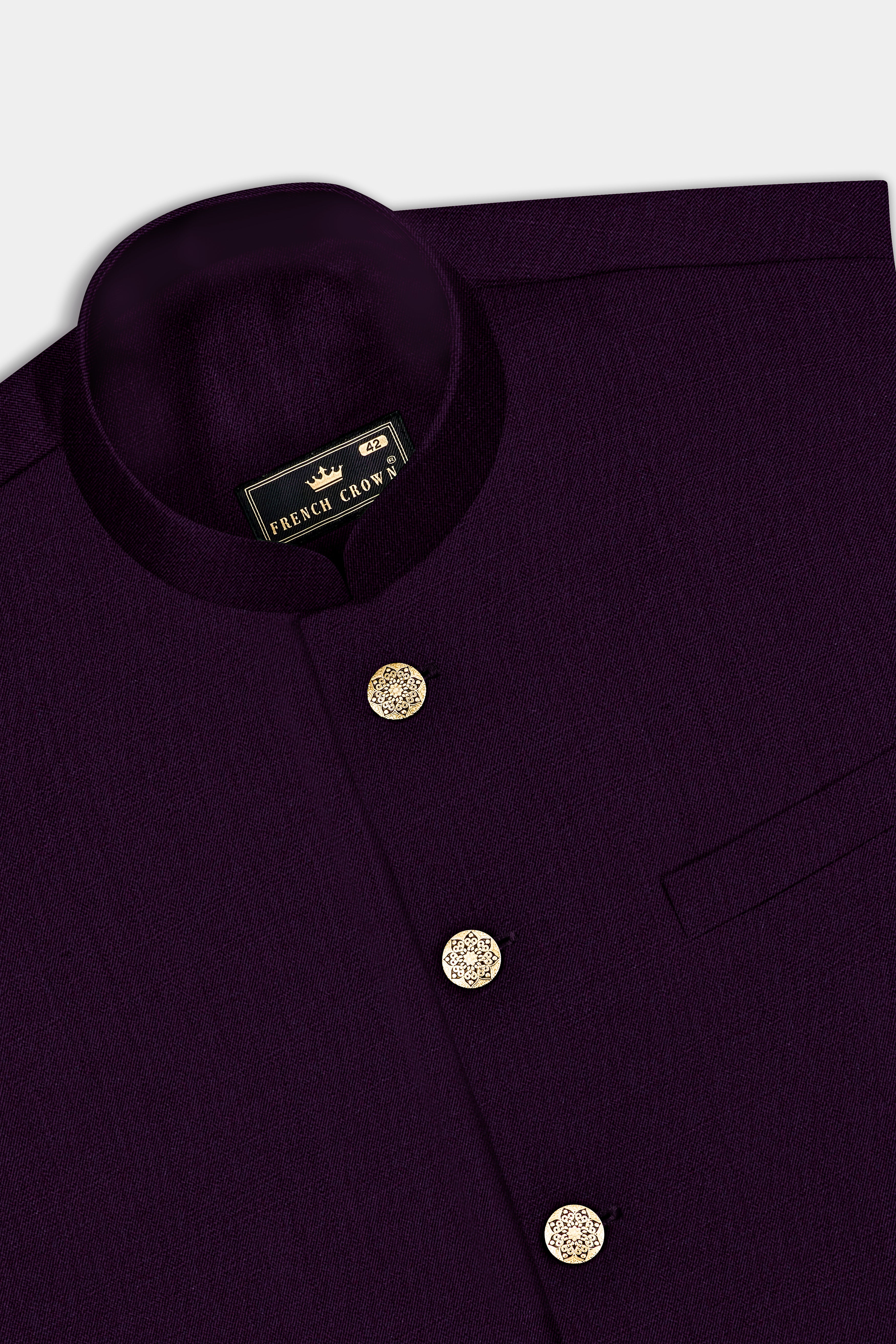 Regal Plum-Eggplant Purple Solid Wool Rich Cross Placket Bandhgala Slight Stretch Suit