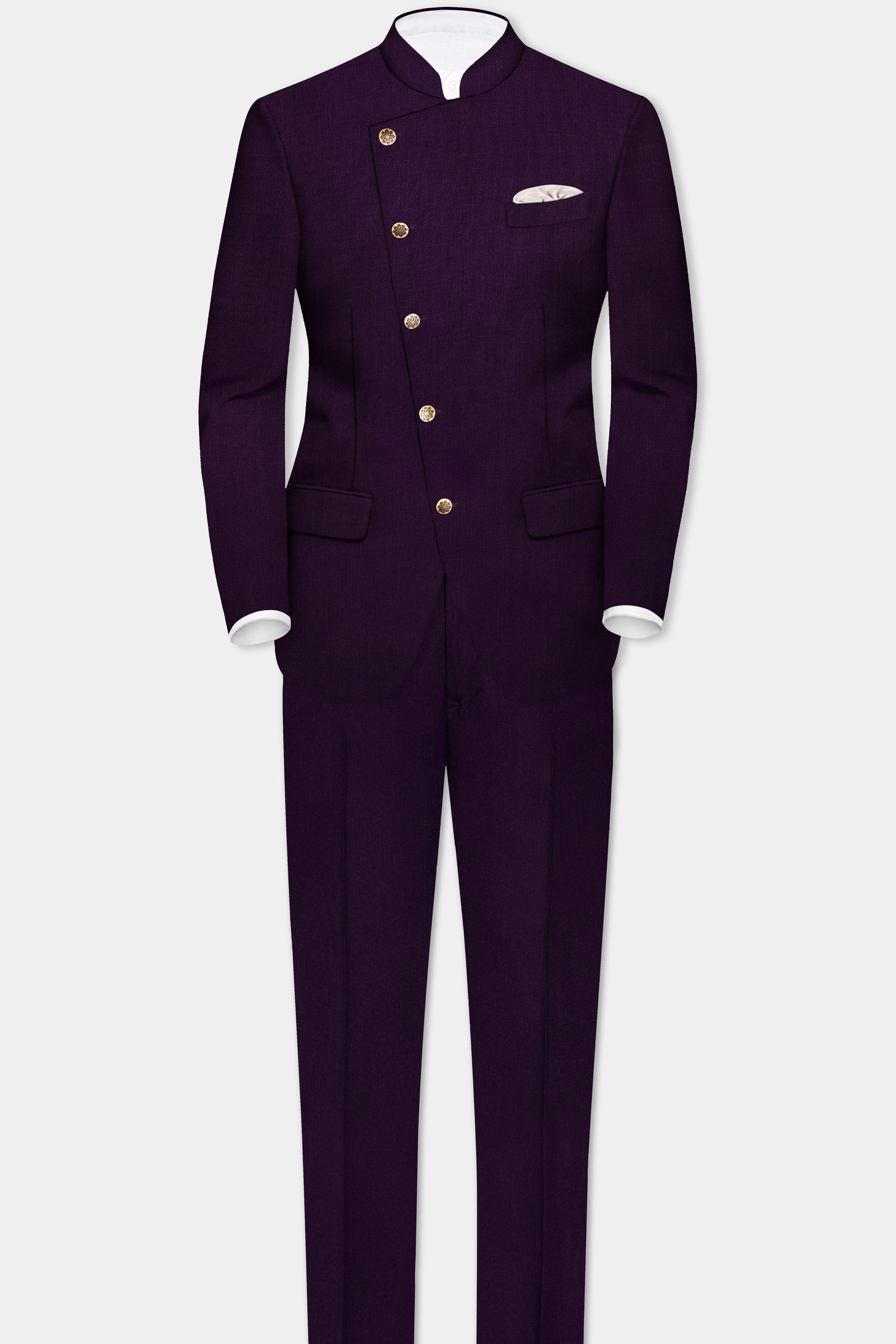 Regal Plum-Eggplant Purple Solid Wool Rich Cross Placket Bandhgala Slight Stretch Suit