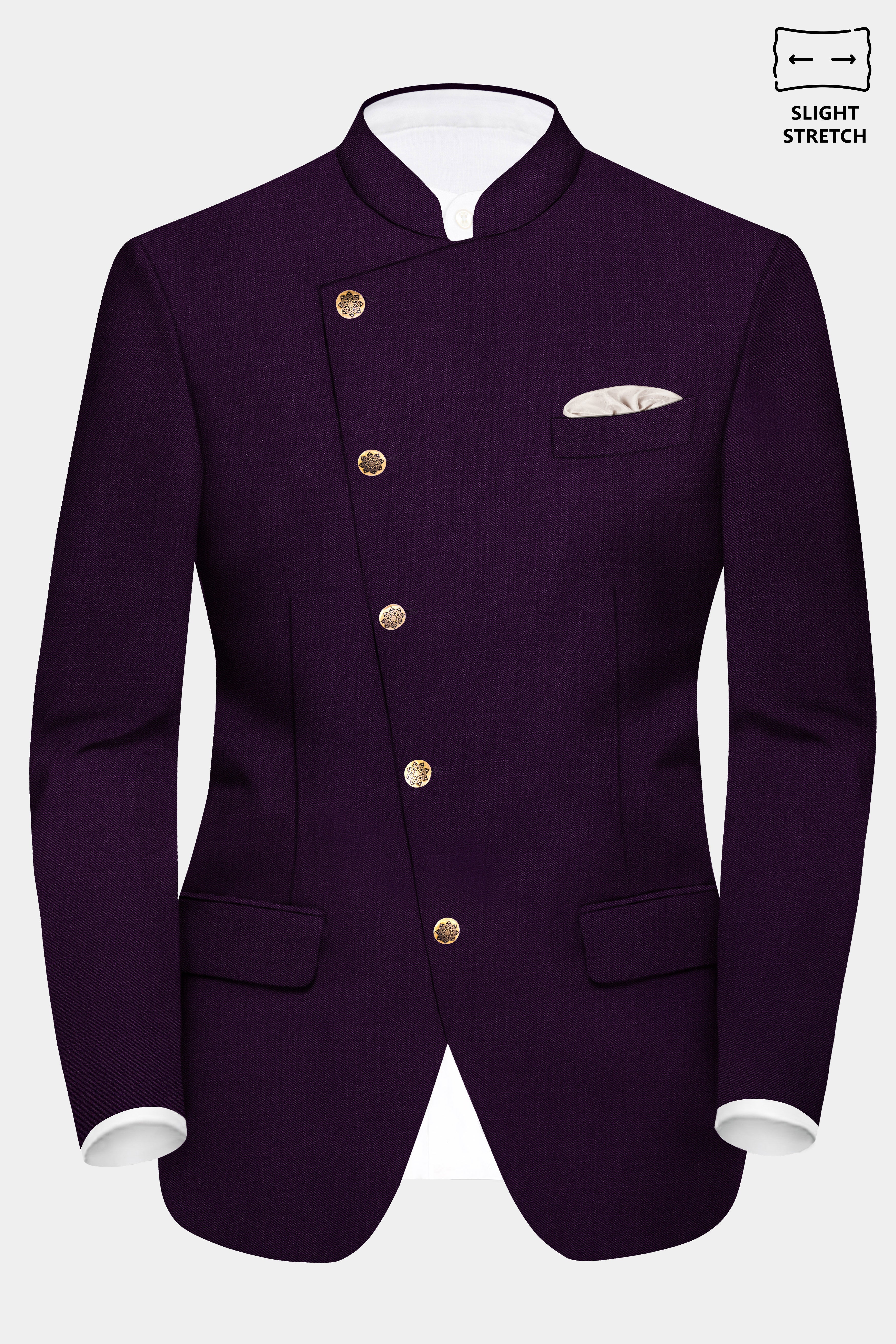 Regal Plum-Eggplant Purple Solid Wool Rich Cross Placket Bandhgala Slight Stretch Suit