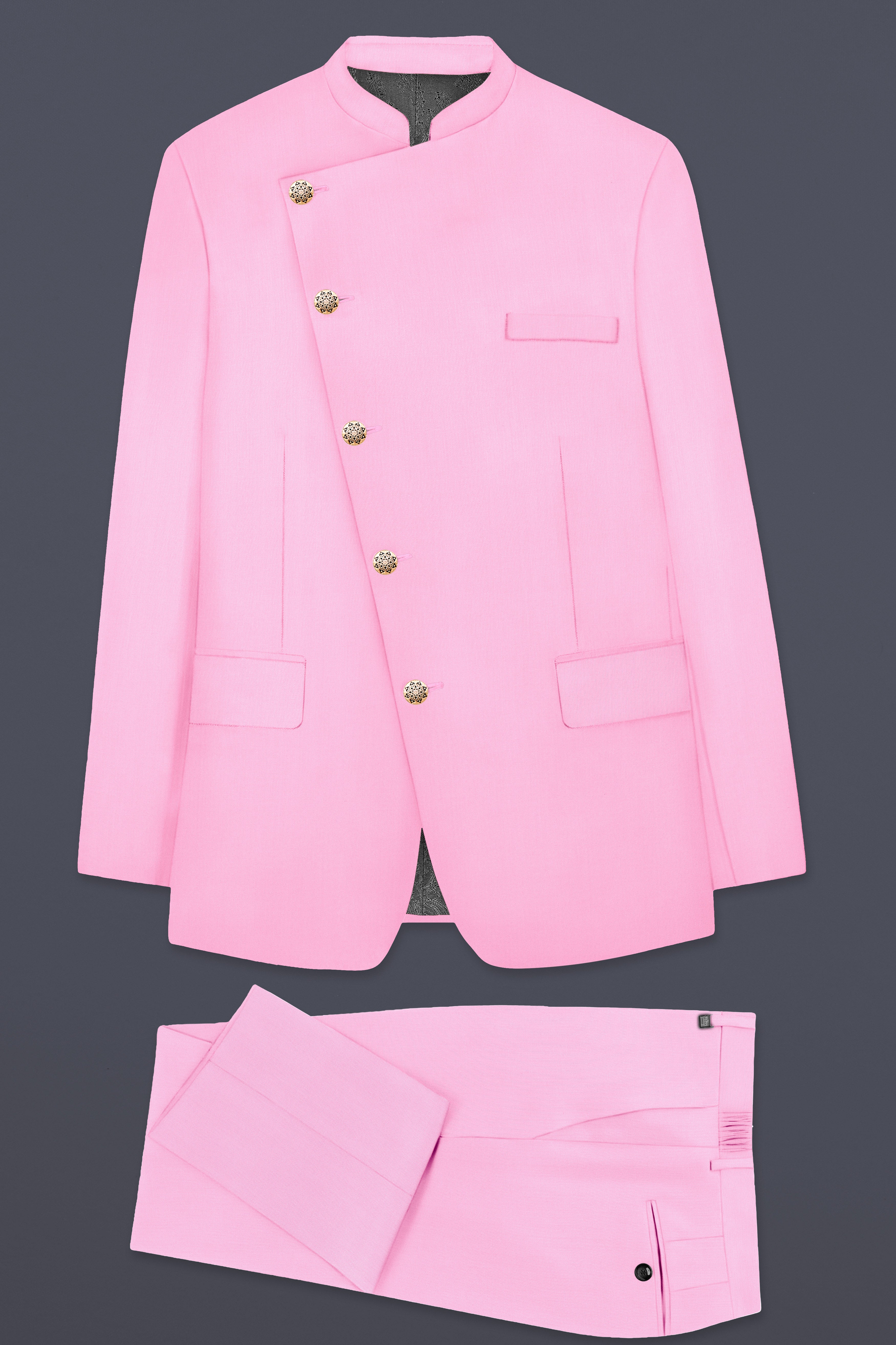 Rosé Reverie-Pestel Pink Solid Wool Rich Cross Placket Bandhgala Slight Stretch Suit