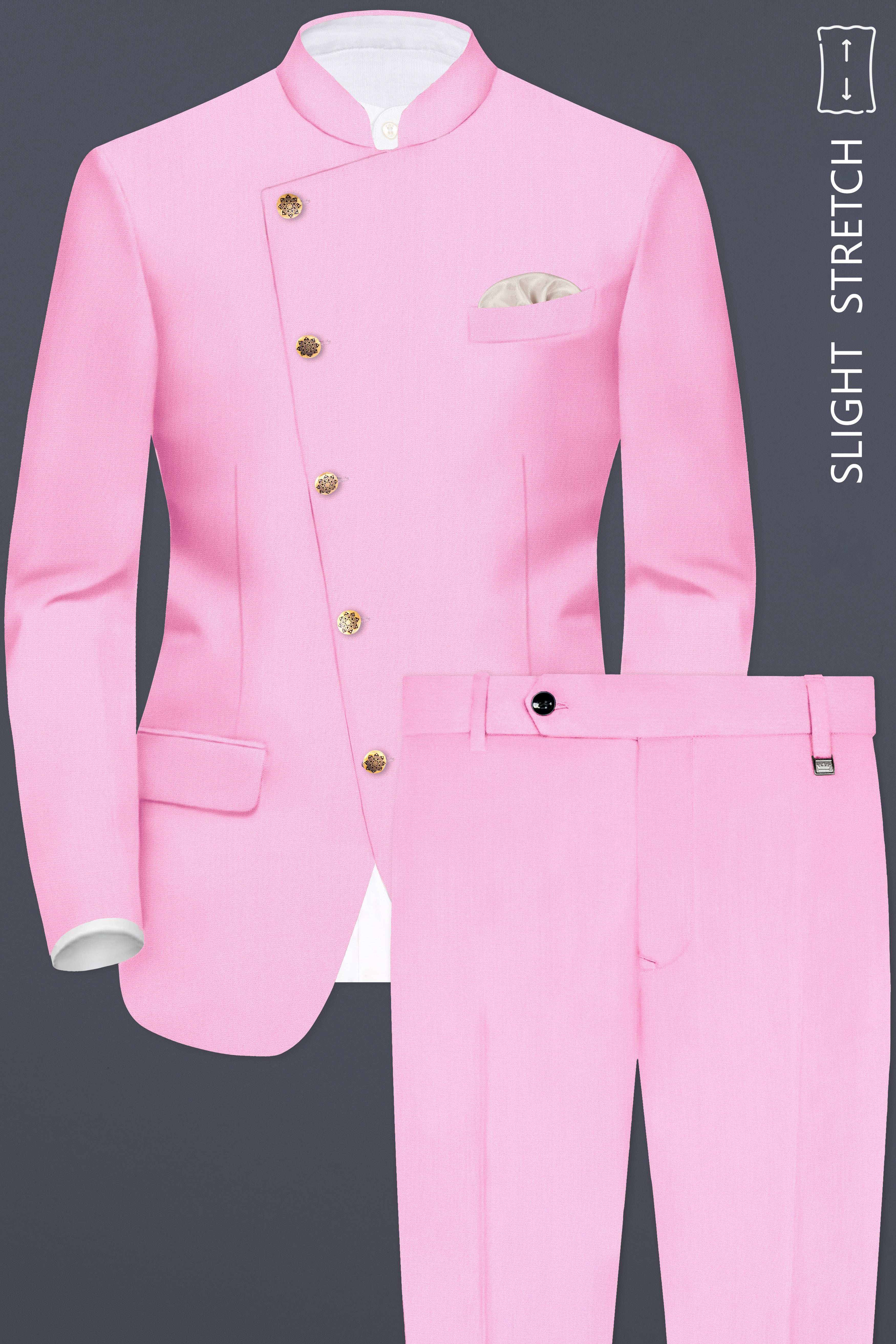 Rosé Reverie-Pestel Pink Solid Wool Rich Cross Placket Bandhgala Slight Stretch Suit