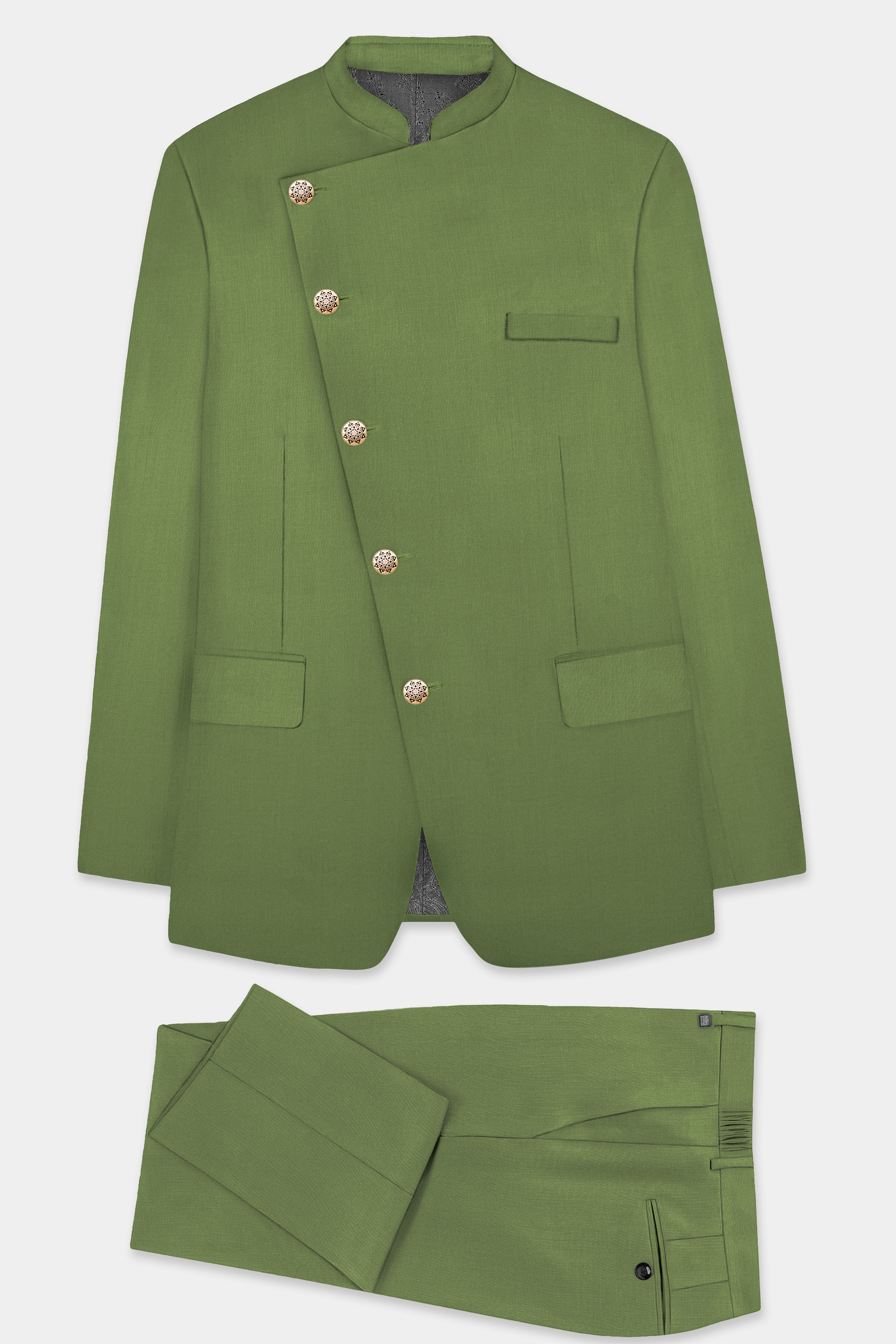 Sage Regal-Dingley Green Solid Wool Rich Cross Placket Bandhgala Slight Stretch Suit