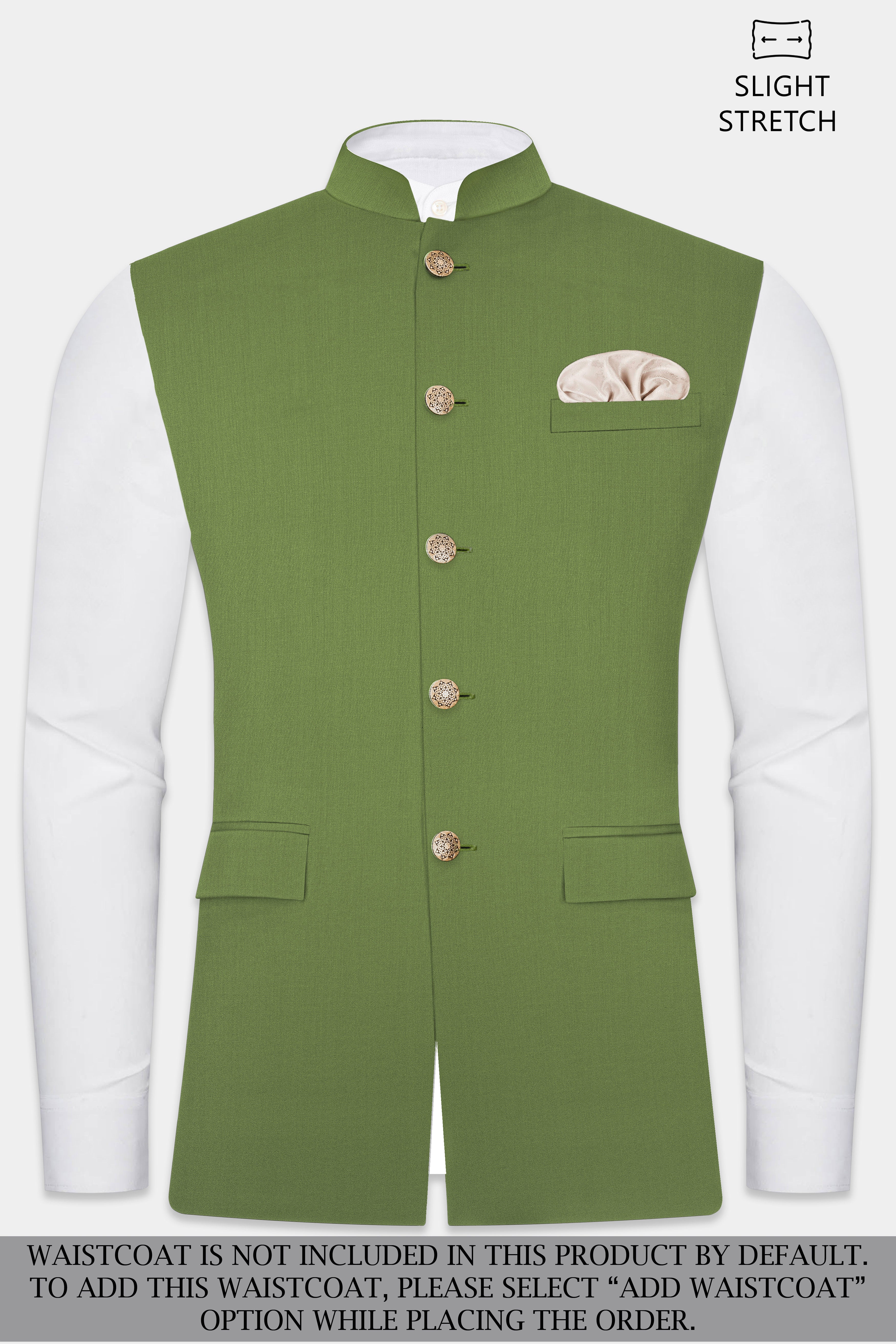 Sage Regal-Dingley Green Solid Wool Rich Cross Placket Bandhgala Slight Stretch Suit