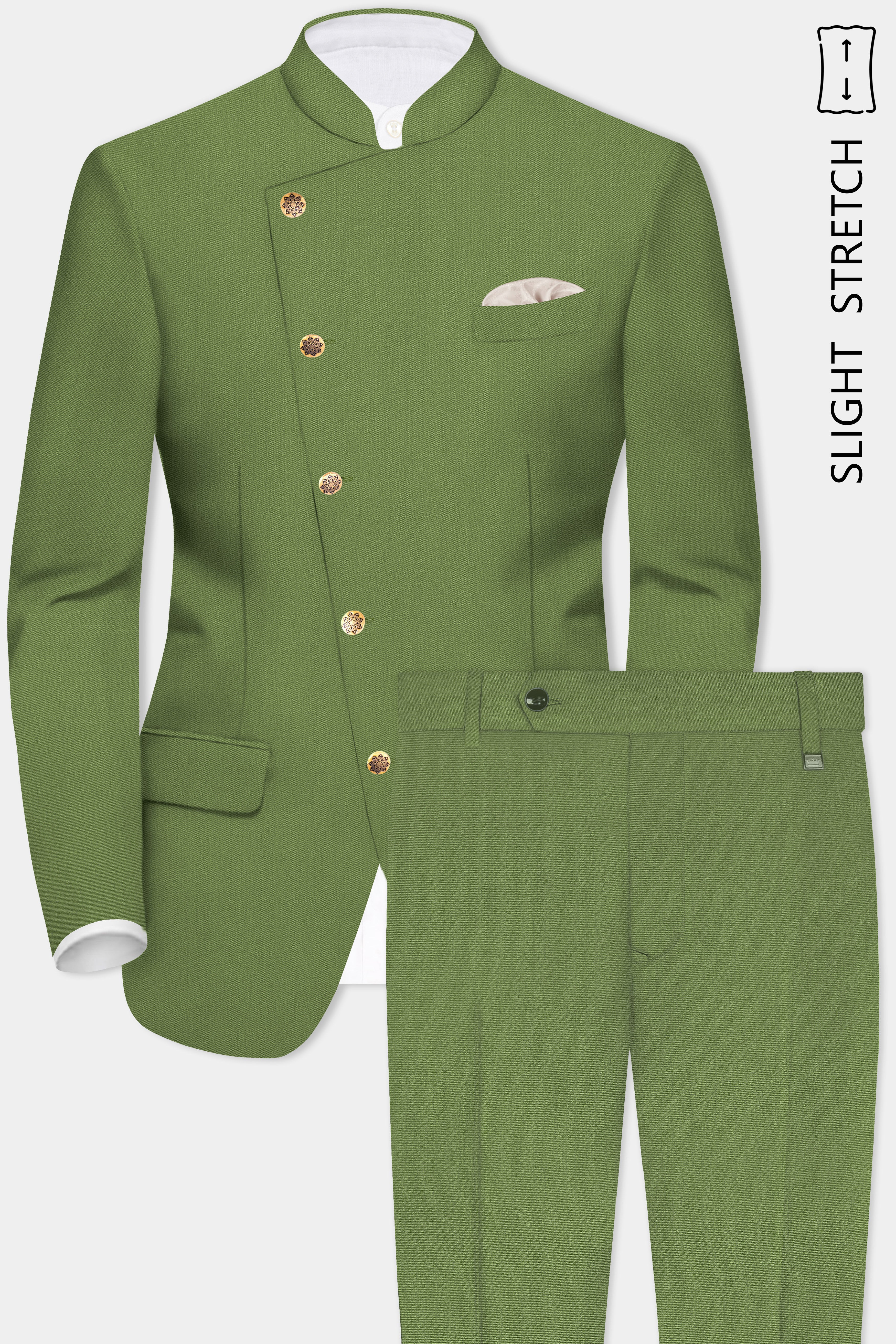 Sage Regal-Dingley Green Solid Wool Rich Cross Placket Bandhgala Slight Stretch Suit