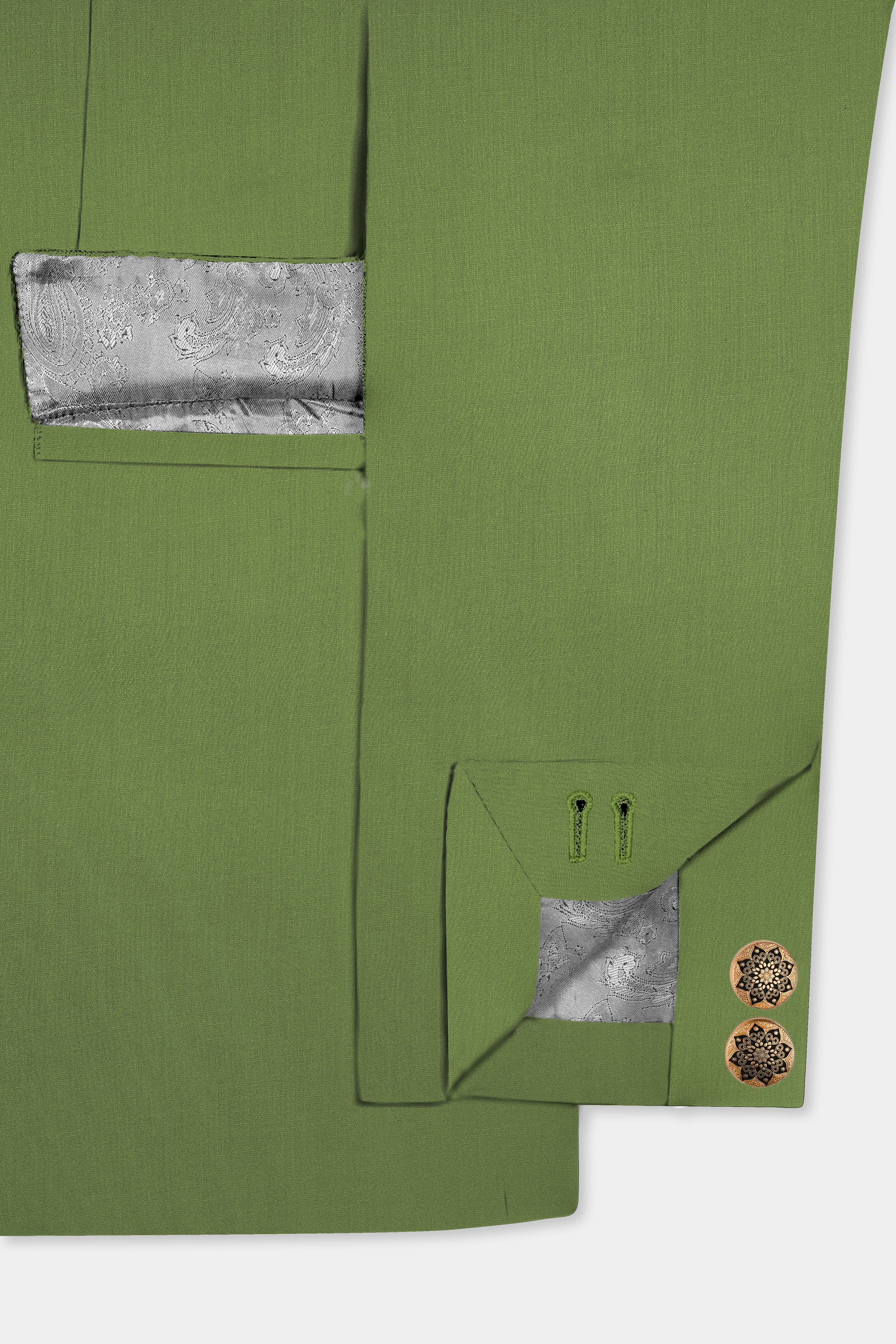 Sage Regal-Dingley Green Solid Wool Rich Cross Placket Bandhgala Slight Stretch Suit