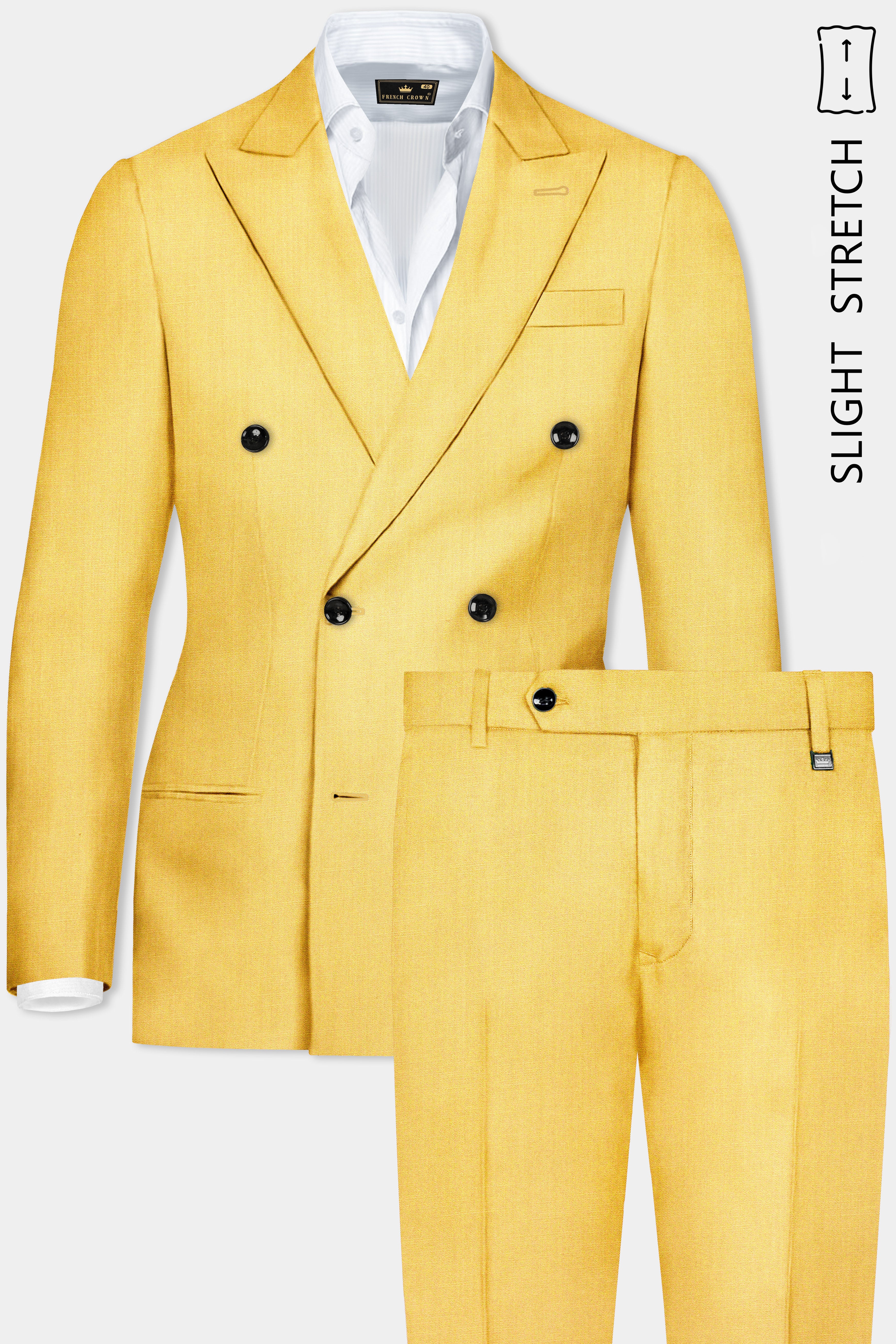 Saffron Elegance-Lemon Yellow Solid Wool Rich Double Breasted Slight Stretch Suit