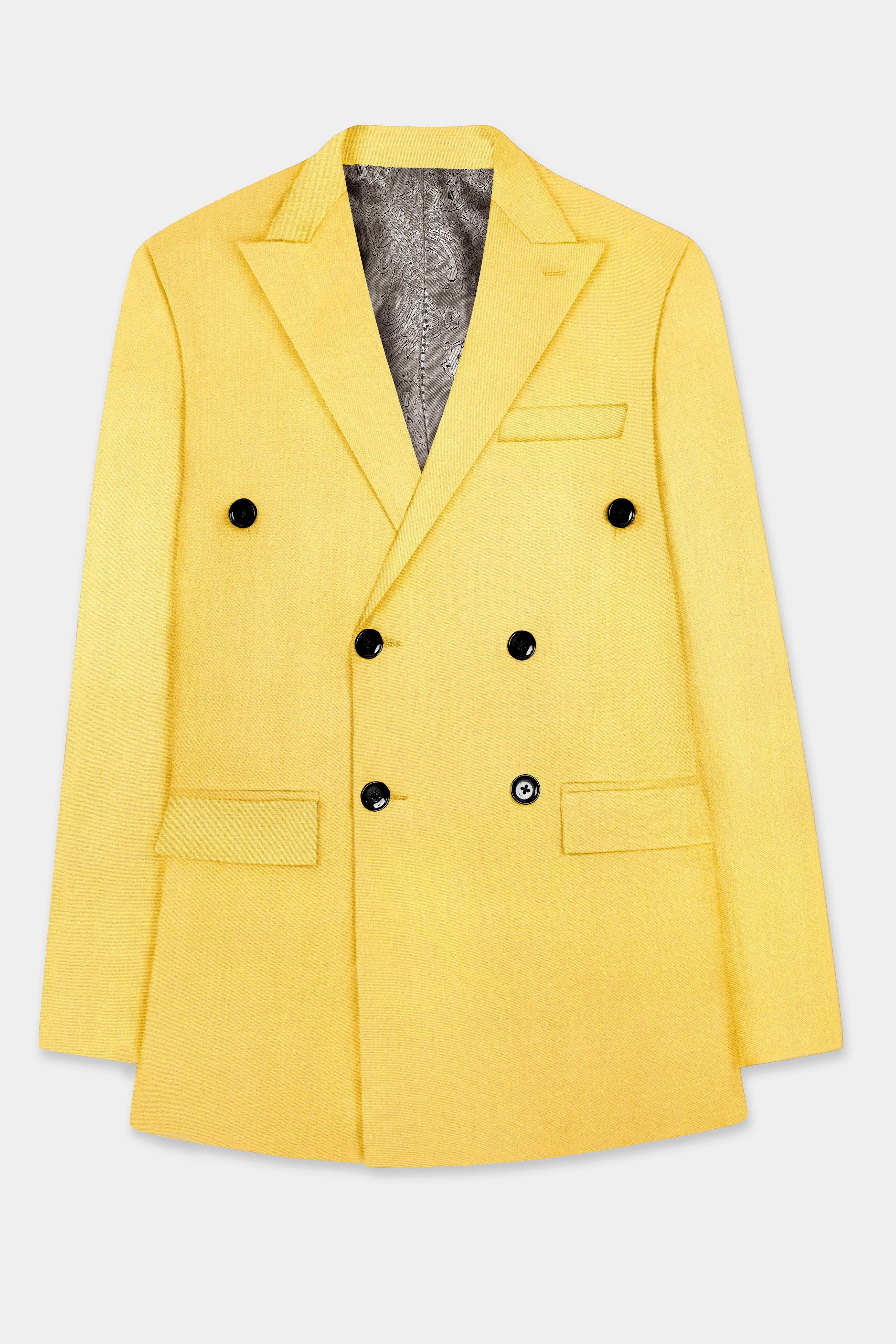 Saffron Elegance-Lemon Yellow Solid Wool Rich Double Breasted Stretchable traveler Suit