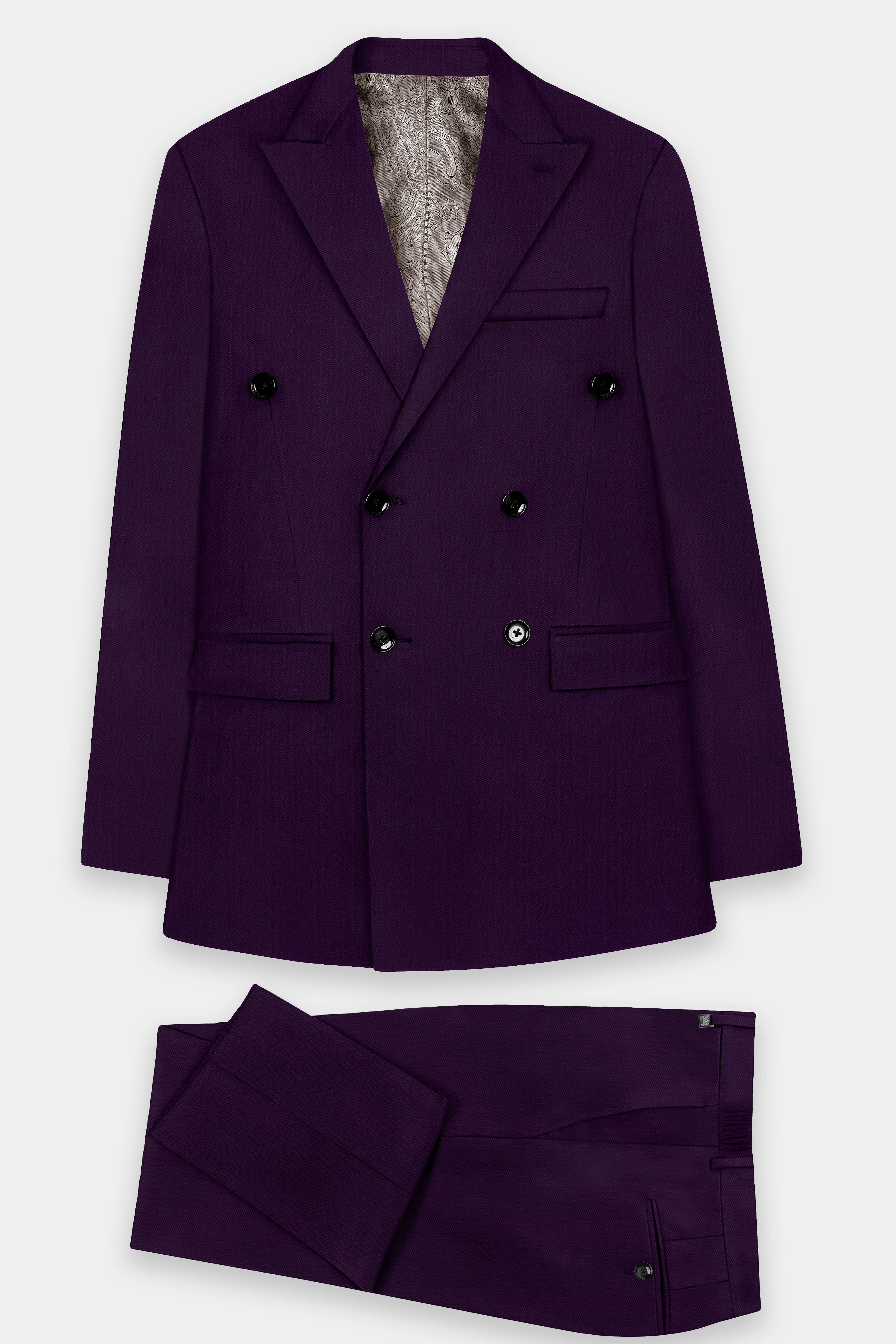 Regal Plum-Eggplant Purple Solid Wool Rich Double Breasted Stretchable traveler Suit