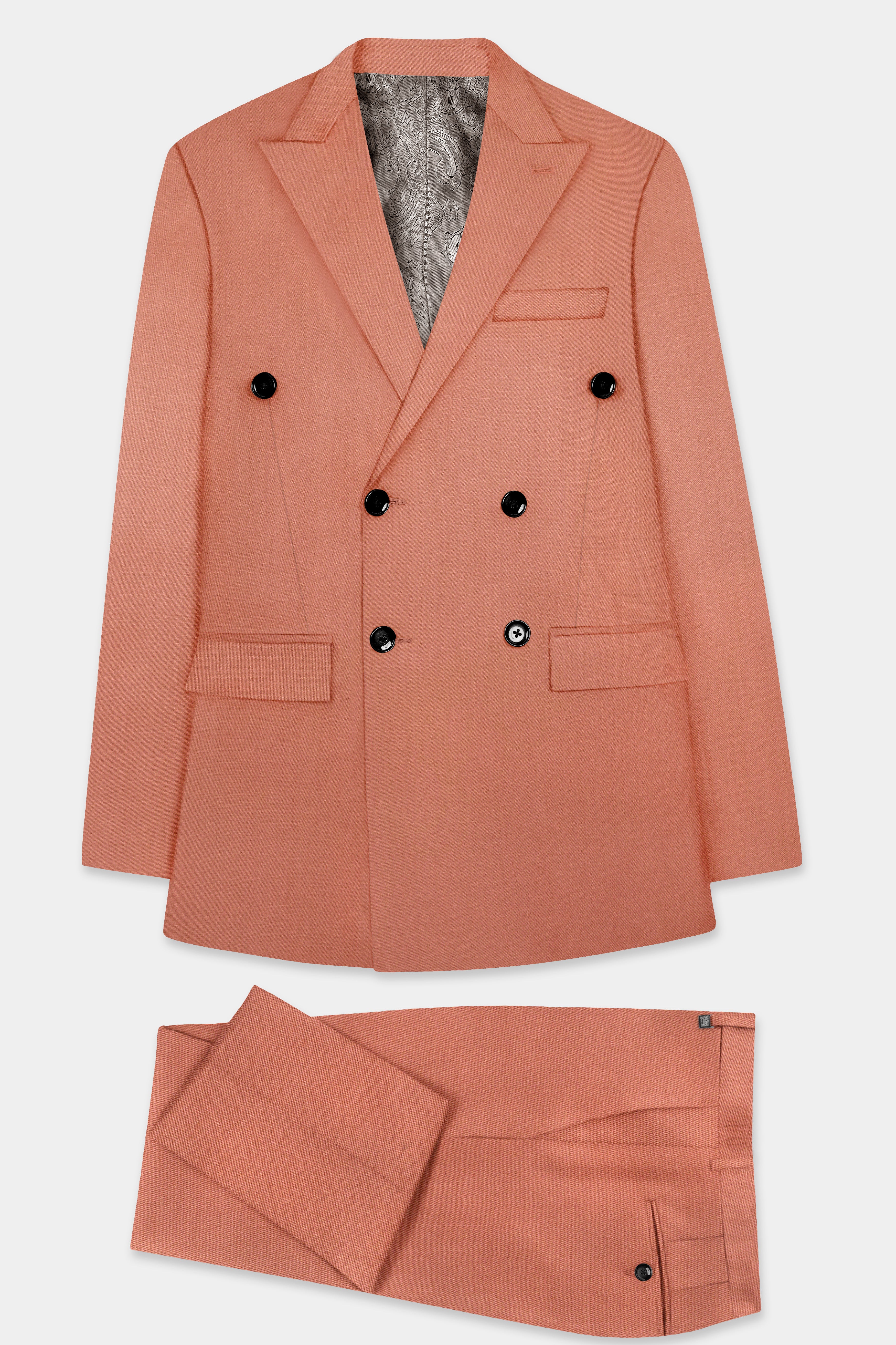 Spiced Sunset-Salmon Orange Solid Wool Rich Double Breasted Slight Stretch Suit