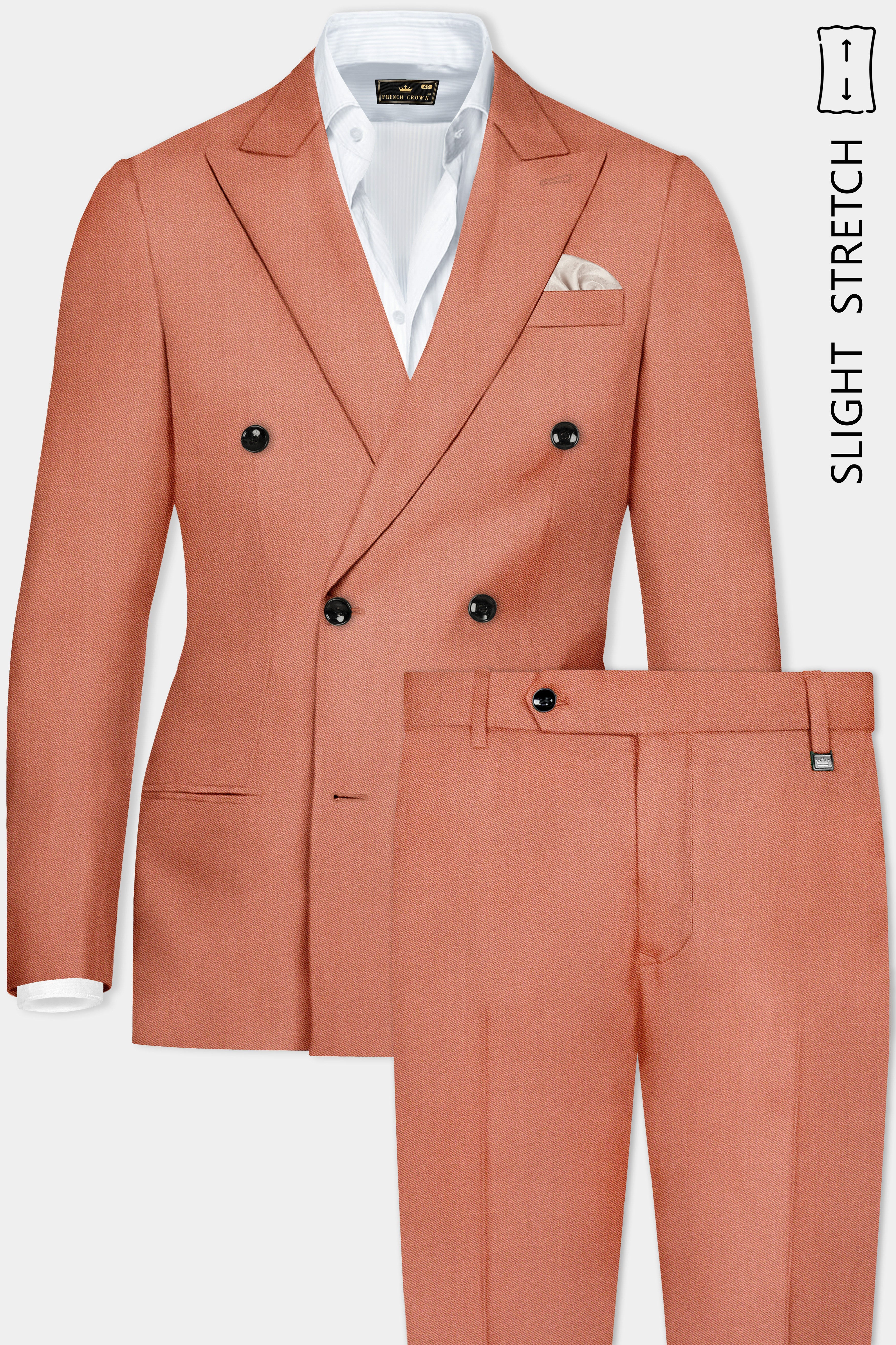 Spiced Sunset-Salmon Orange Solid Wool Rich Double Breasted Slight Stretch Suit