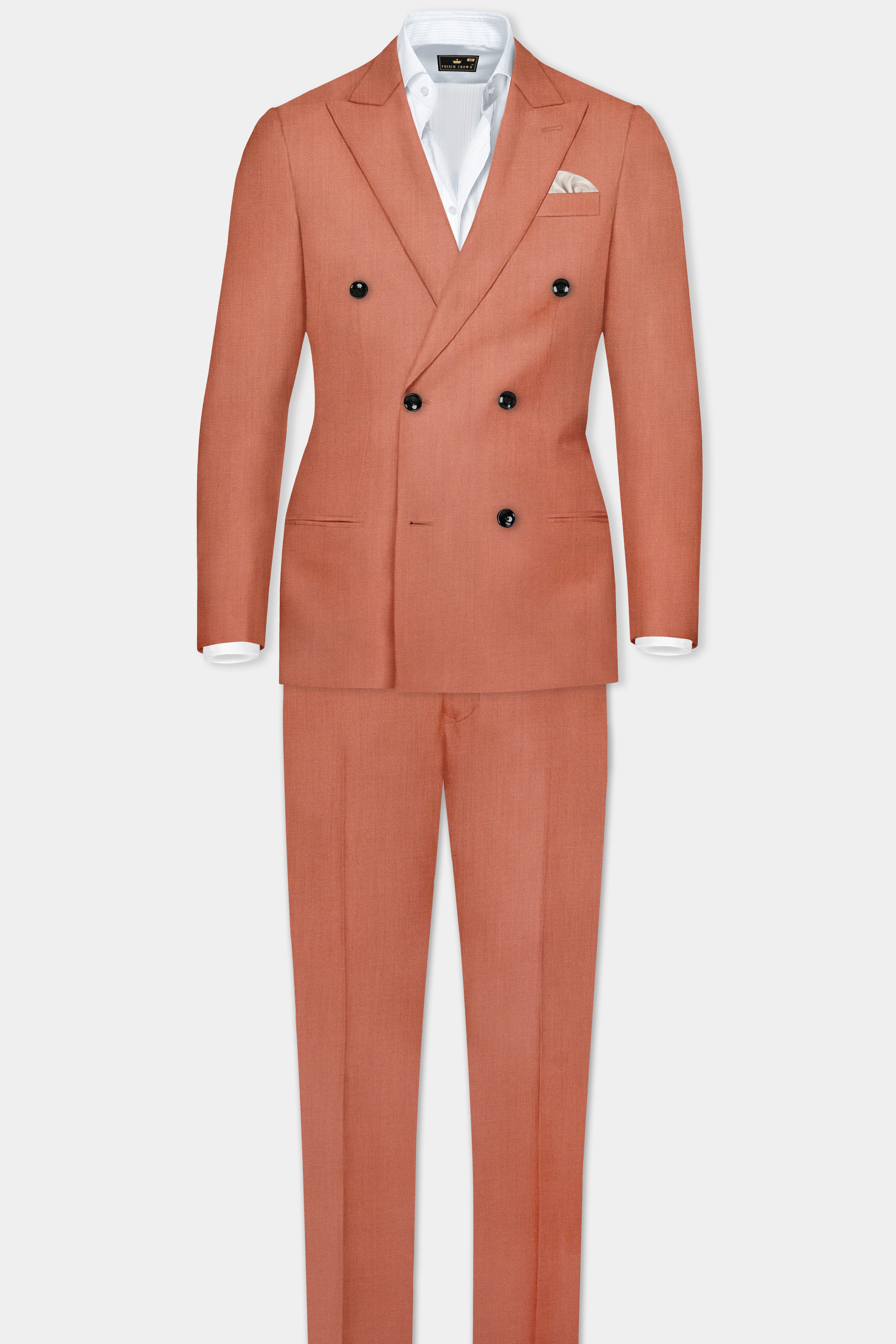 Spiced Sunset-Salmon Orange Solid Wool Rich Double Breasted Slight Stretch Suit