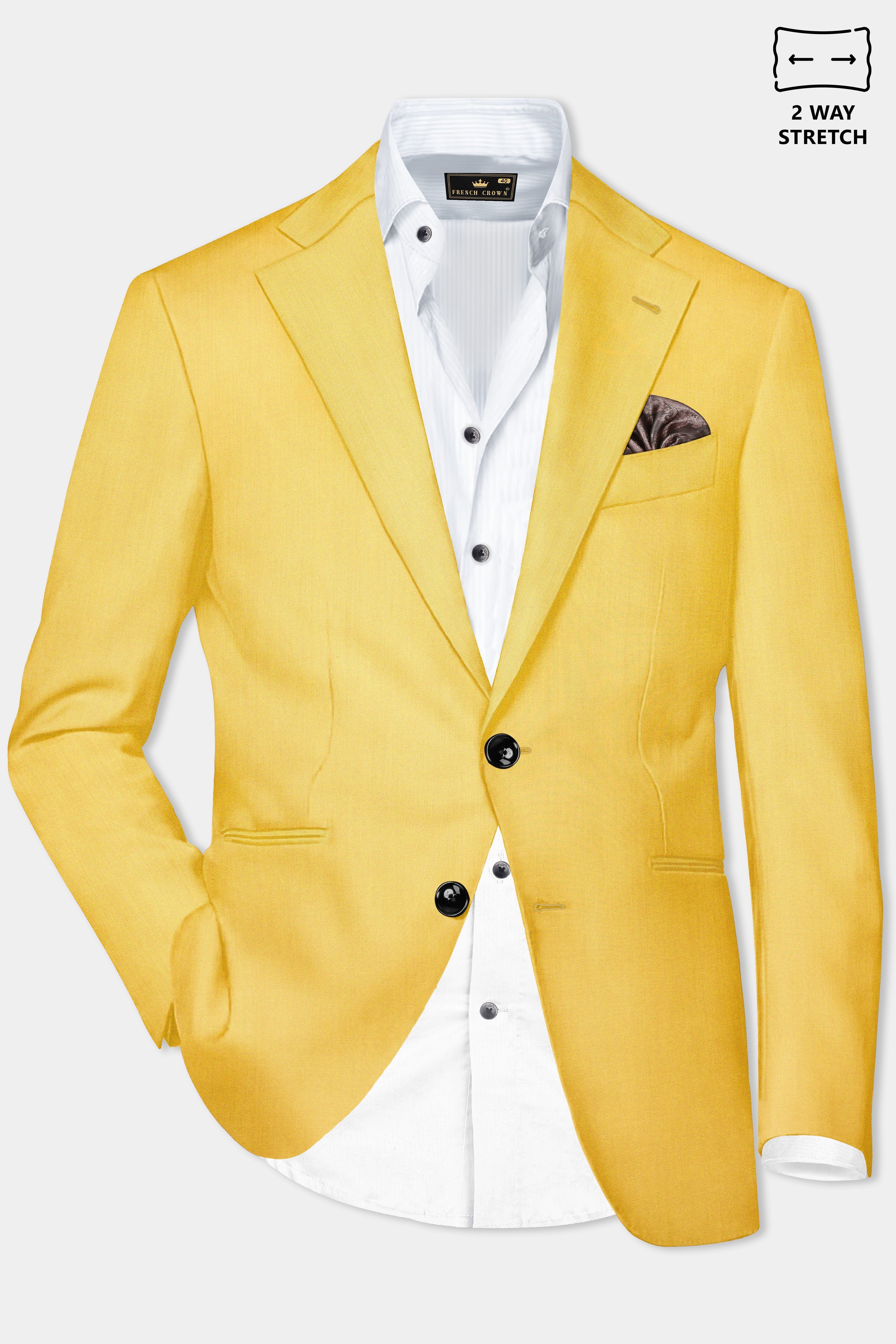 Saffron Elegance-Lemon Yellow Solid Wool Rich Single Breasted Stretchable traveler Suit