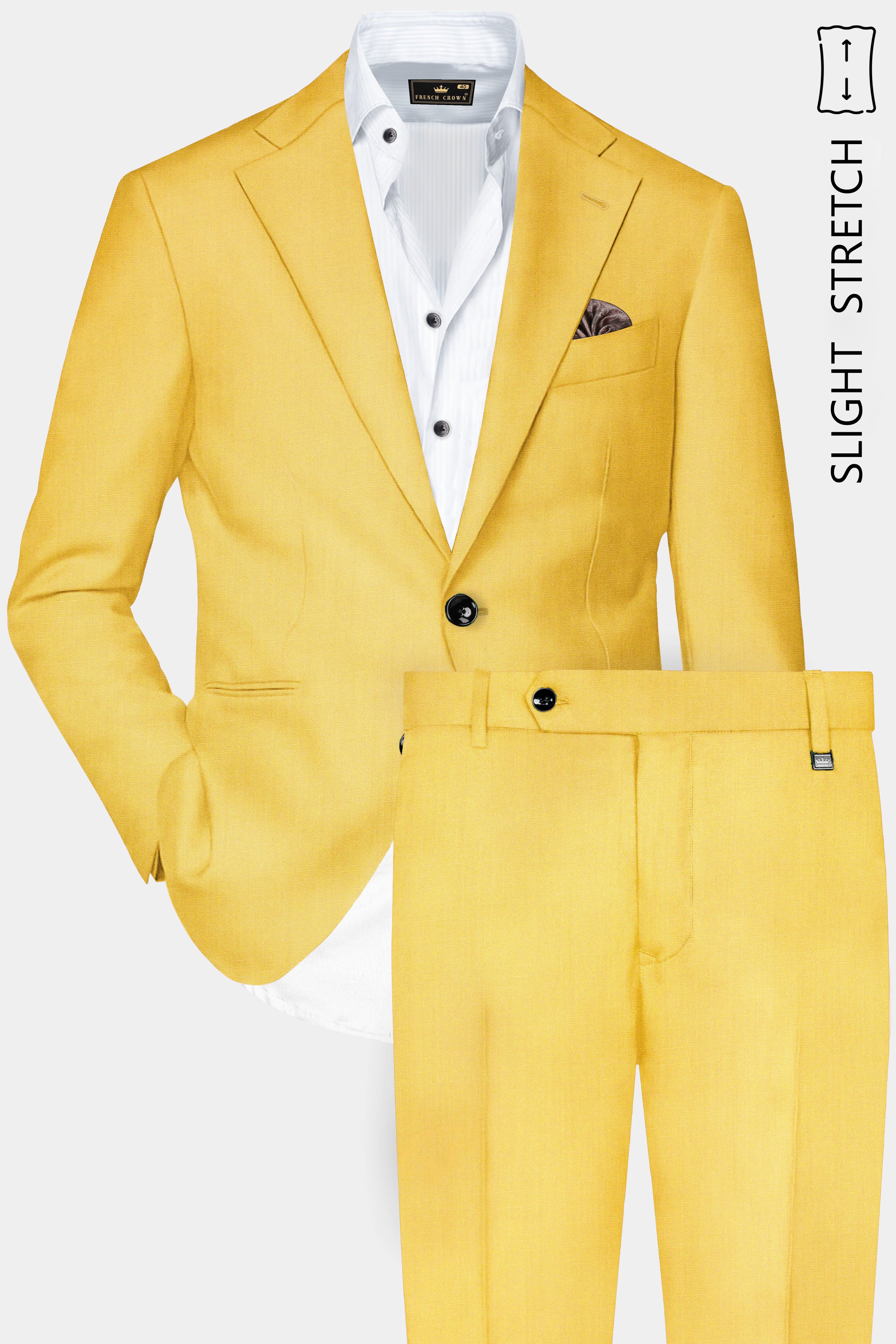 Saffron Elegance-Lemon Yellow Solid Wool Rich Single Breasted Slight Stretch Suit