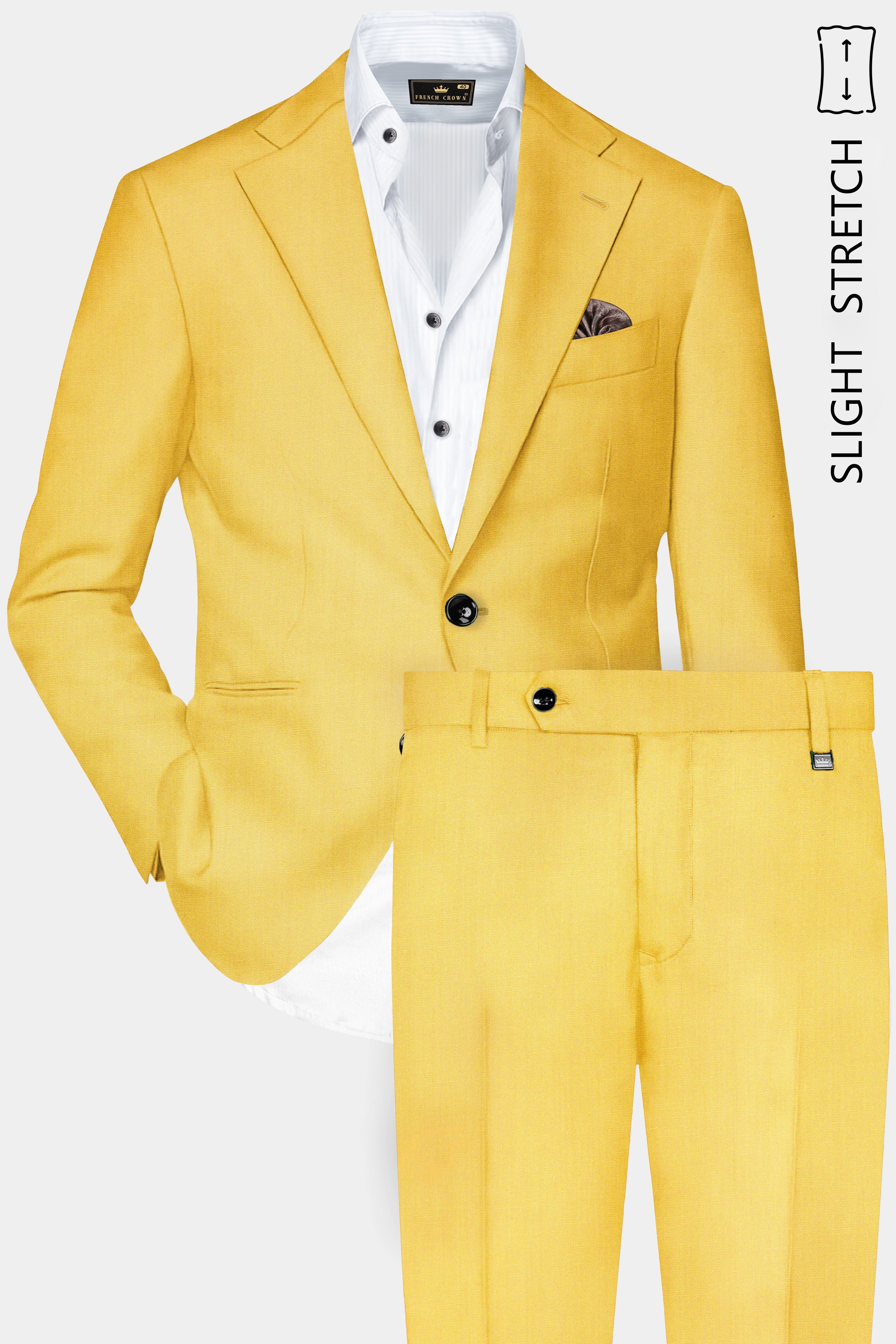 Saffron Elegance-Lemon Yellow Solid Wool Rich Single Breasted Slight Stretch Suit