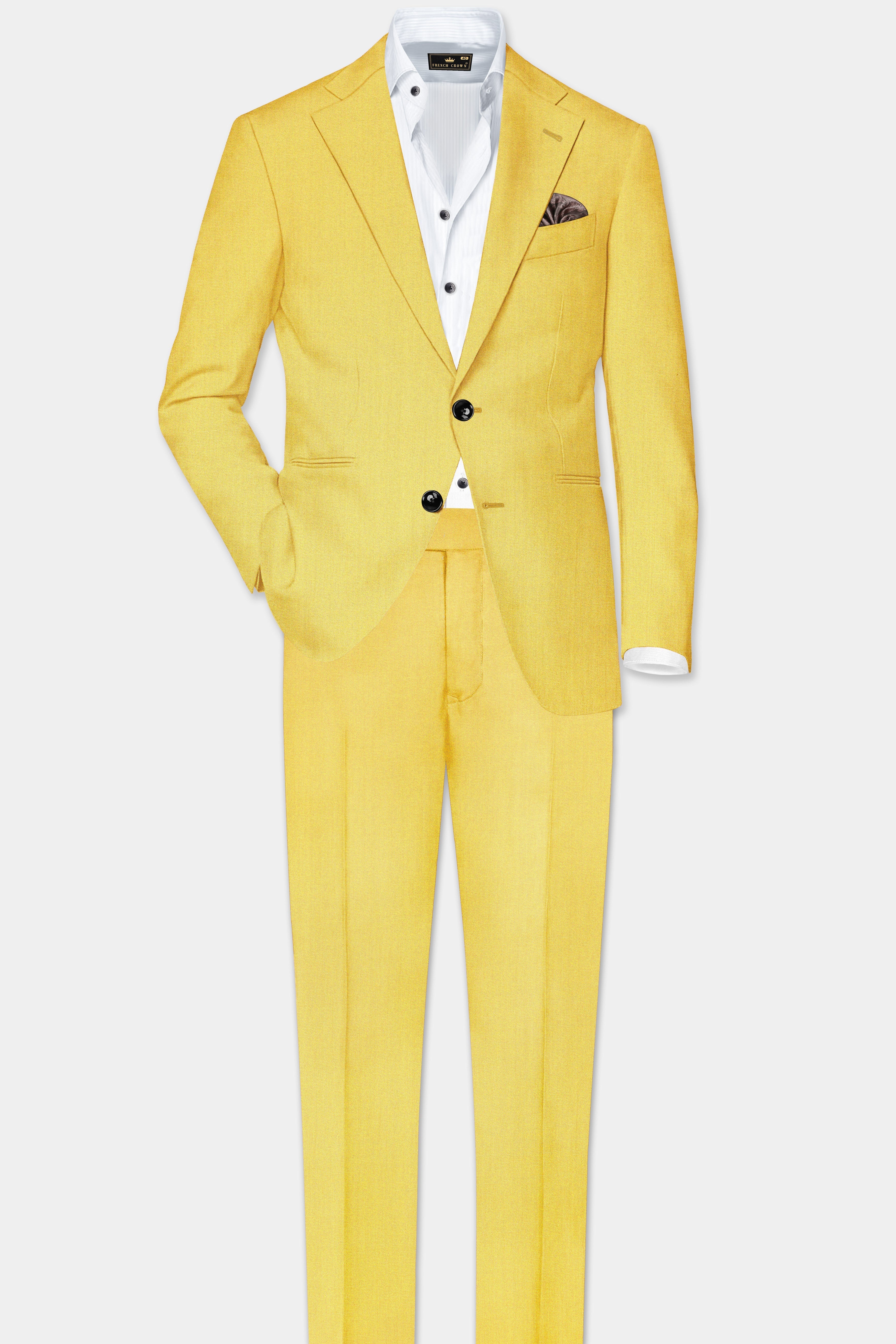 Saffron Elegance-Lemon Yellow Solid Wool Rich Single Breasted Slight Stretch Suit