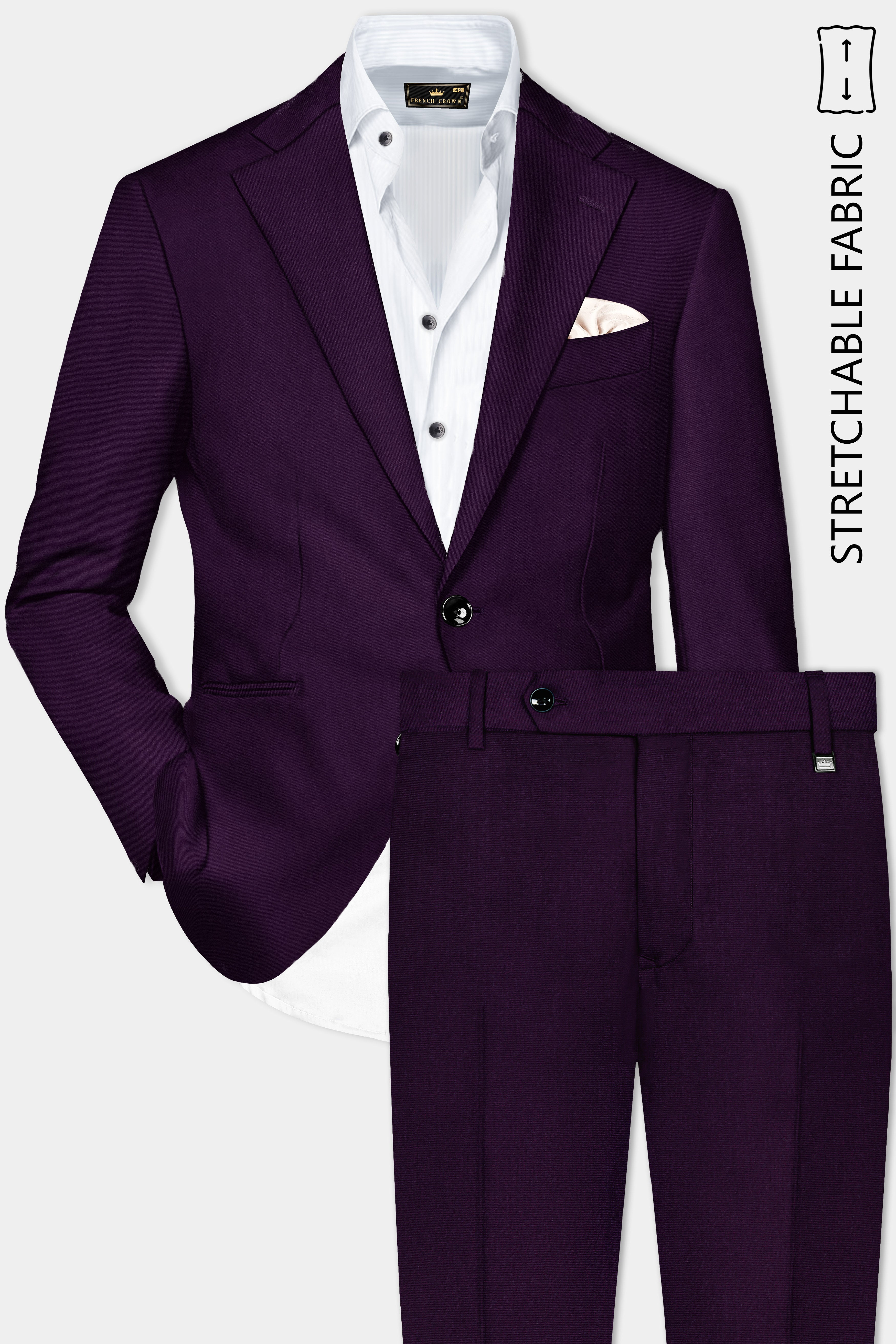 Regal Plum-Eggplant Purple Solid Wool Rich Single Breasted Stretchable traveler Suit