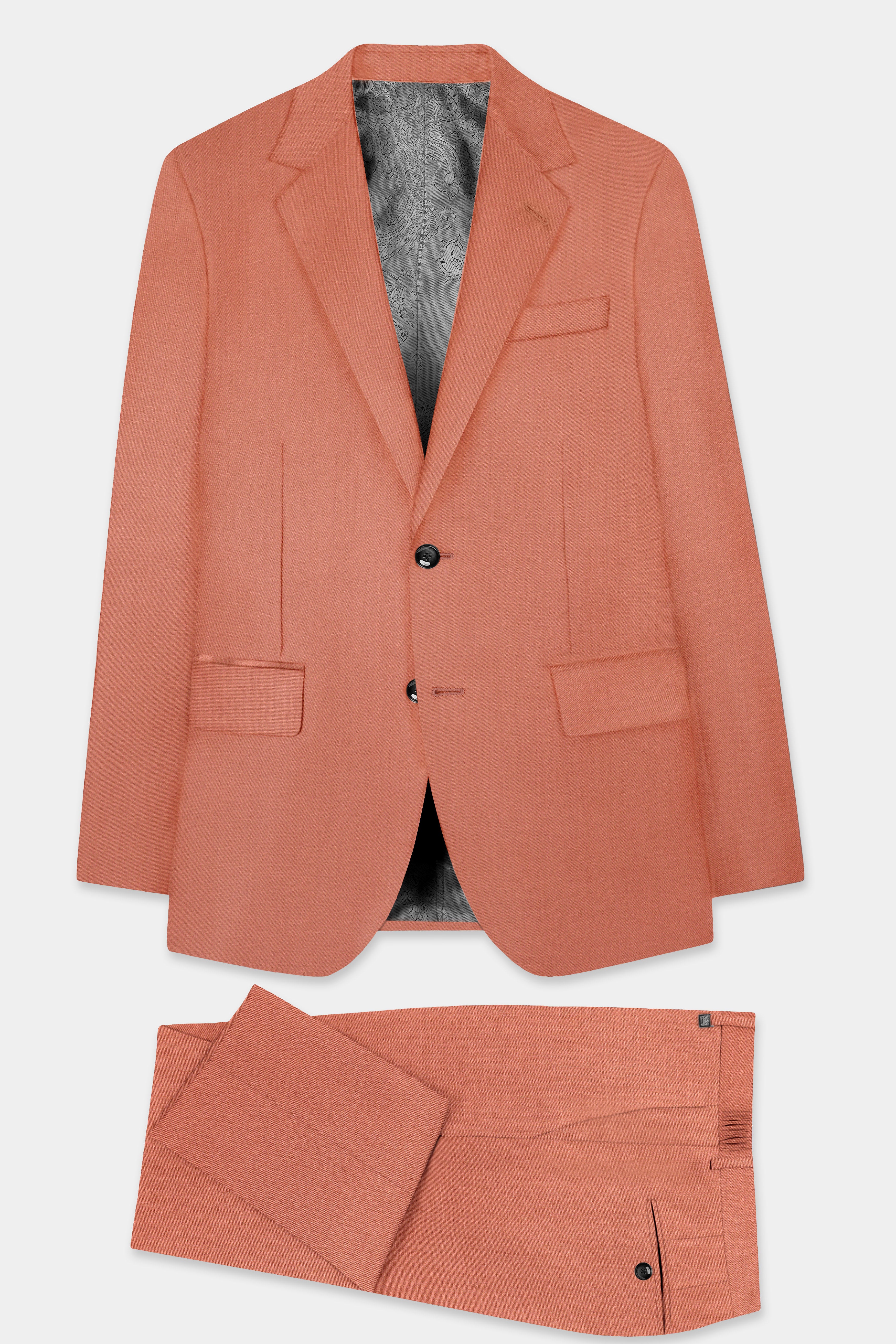 Spiced Sunset-Salmon Orange Solid Wool Rich Single Breasted Slight Stretch Suit