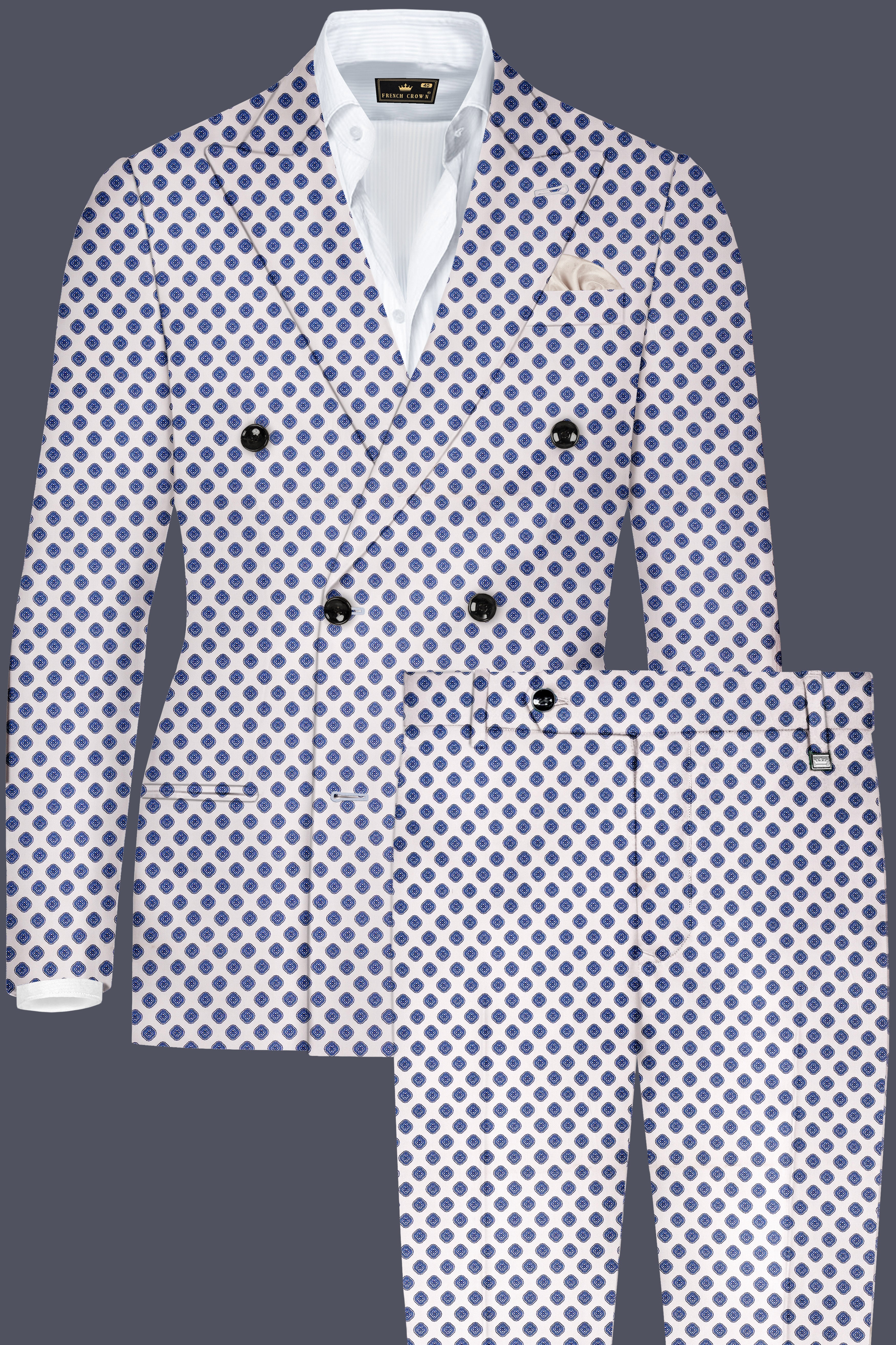 Ocean Echo-Bright White And Mariner Blue Retro Printed Cotton Double Breasted Suit
