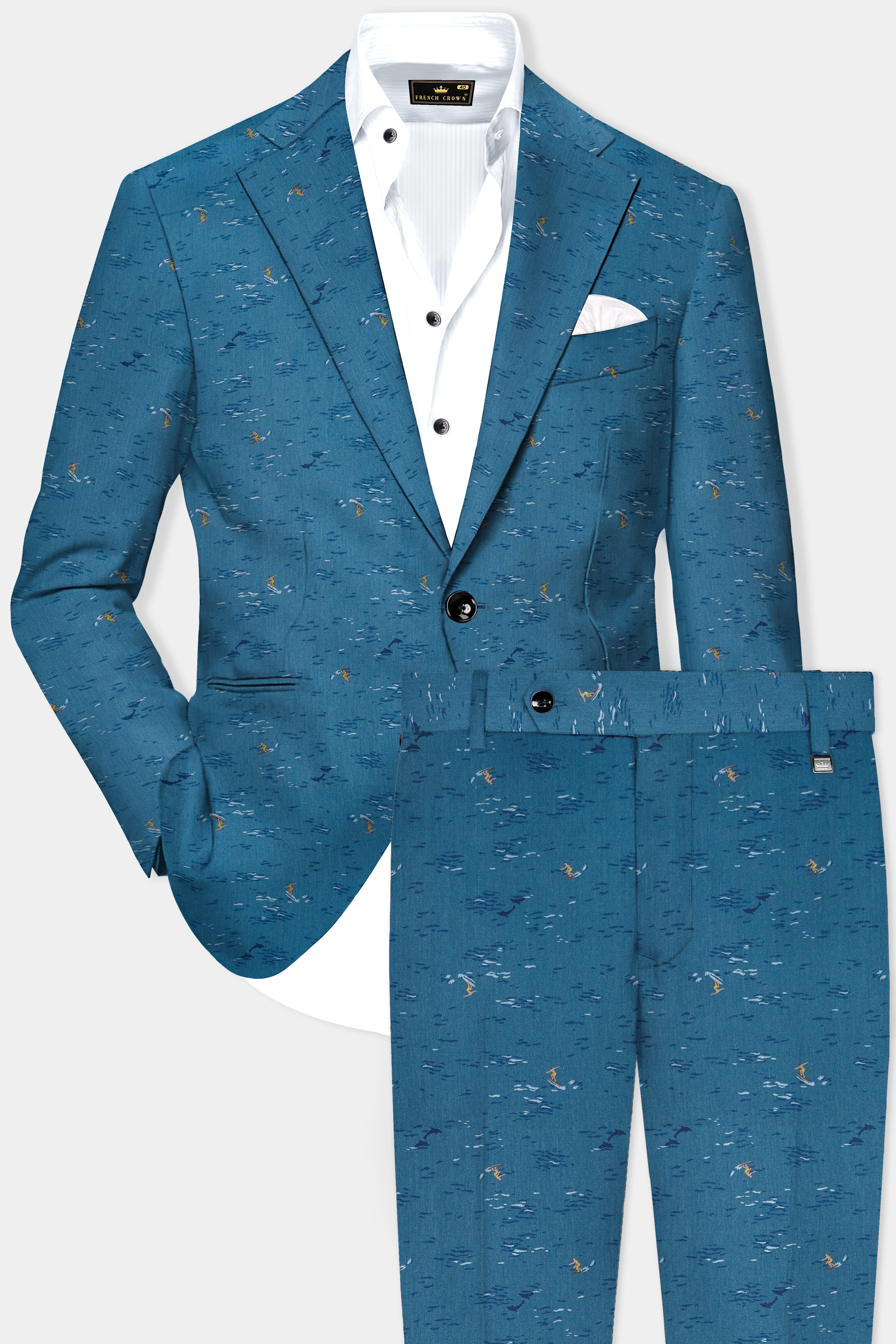 Mariner's Muse-Calypso Blue Beach Printed Cotton Single Breasted Suit