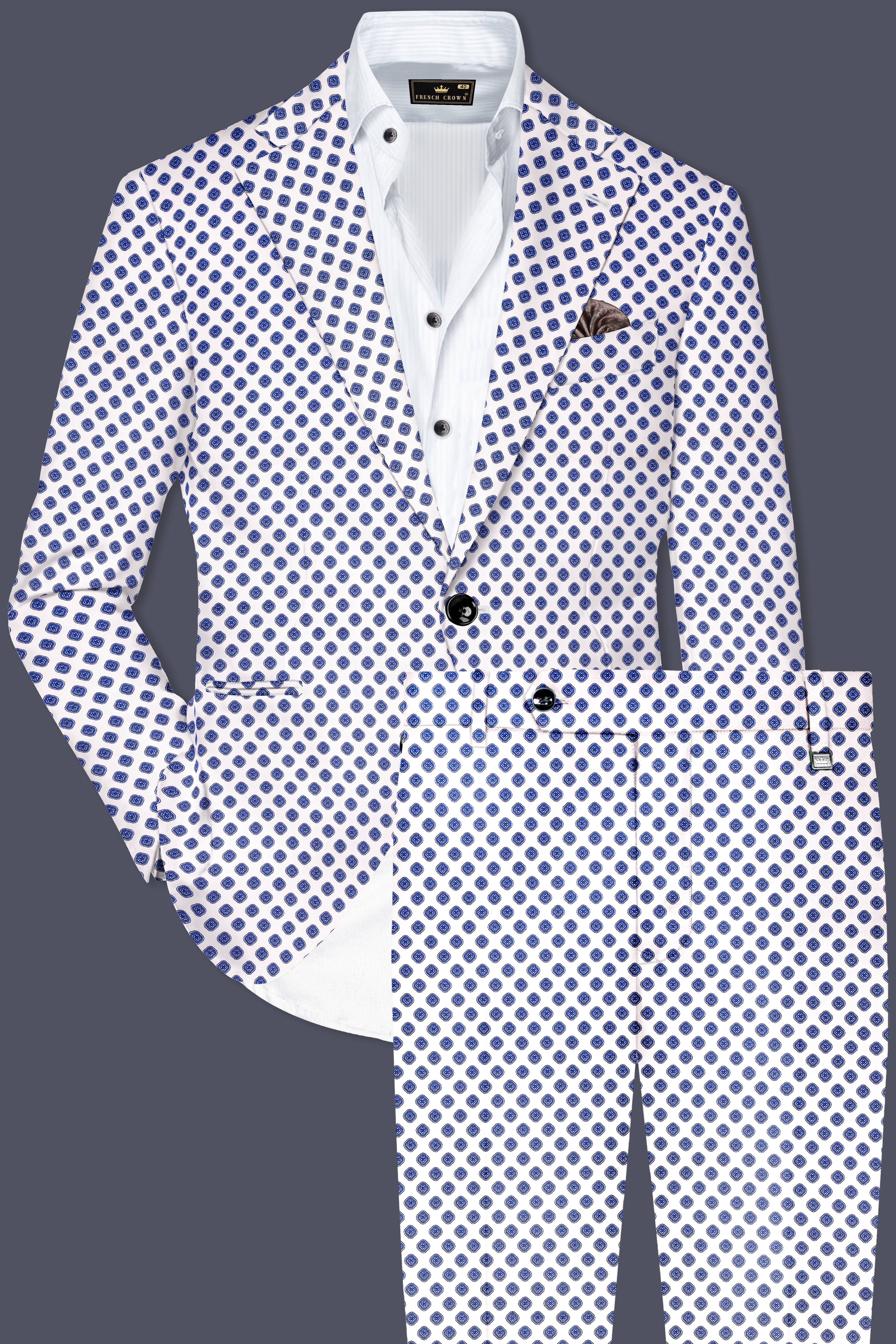 Ocean Echo-Bright White And Mariner Blue Retro Printed Cotton Single Breasted Suit