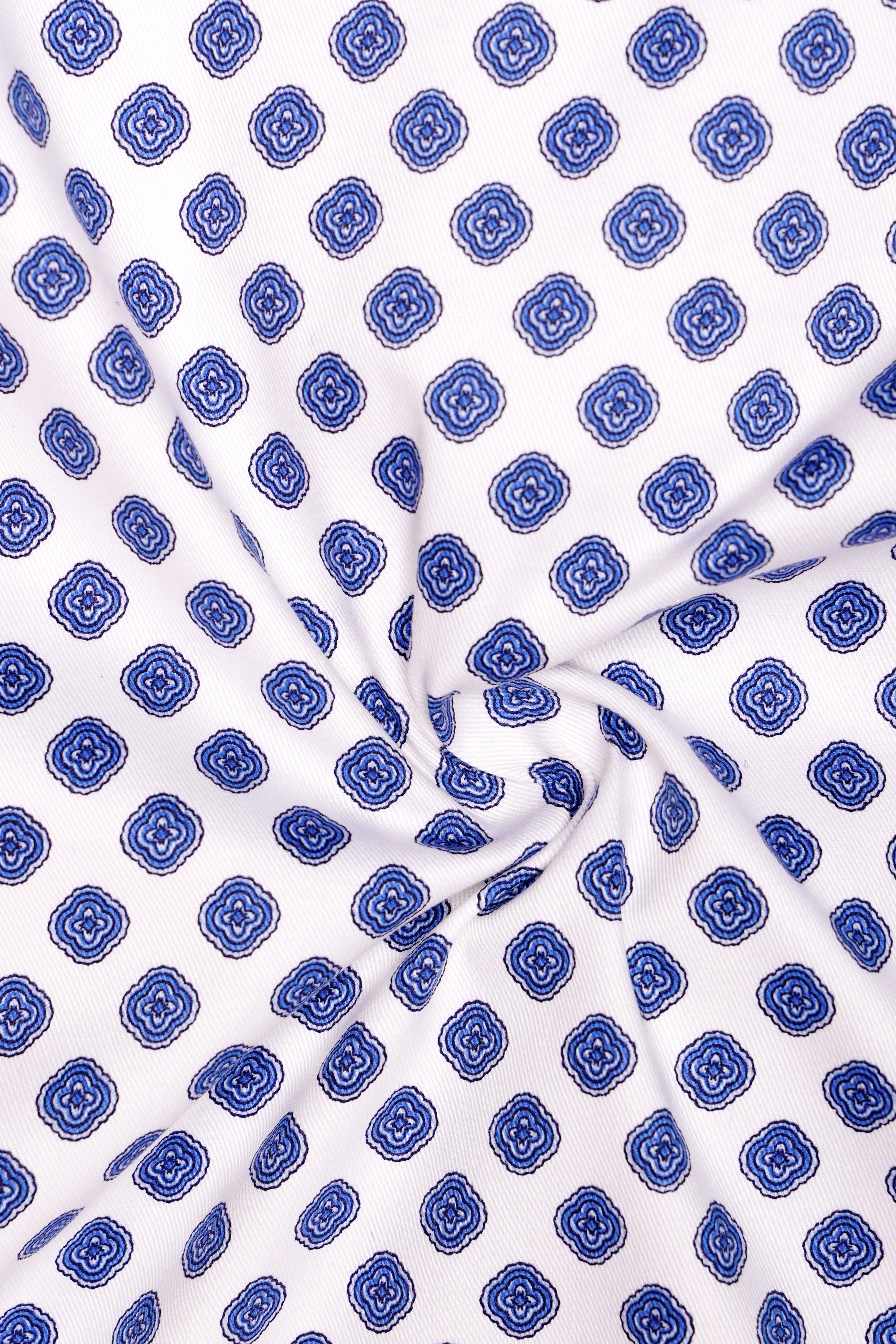 Ocean Echo-Bright White And Mariner Blue Retro Printed Cotton Single Breasted Suit