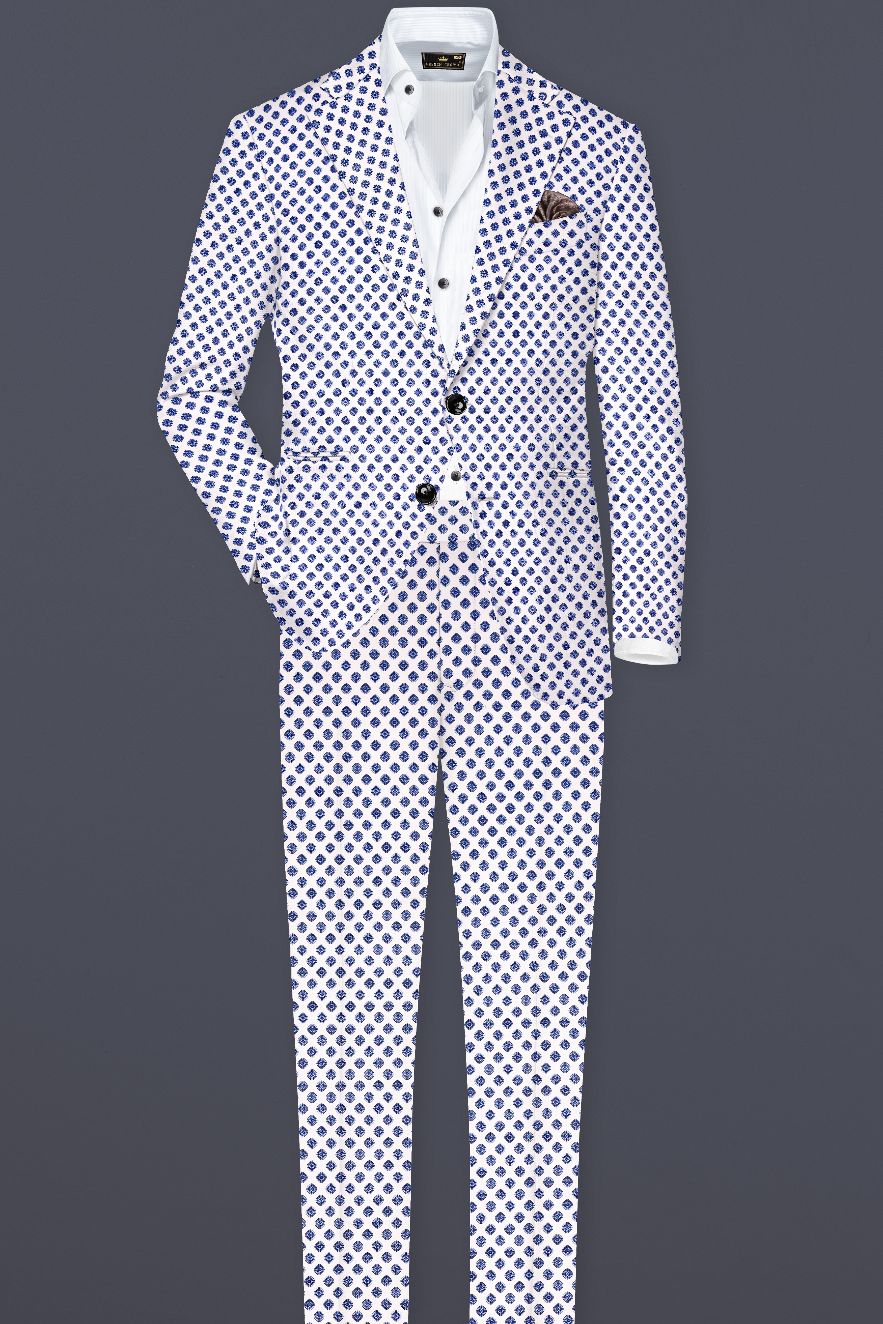 Ocean Echo-Bright White And Mariner Blue Retro Printed Cotton Single Breasted Suit