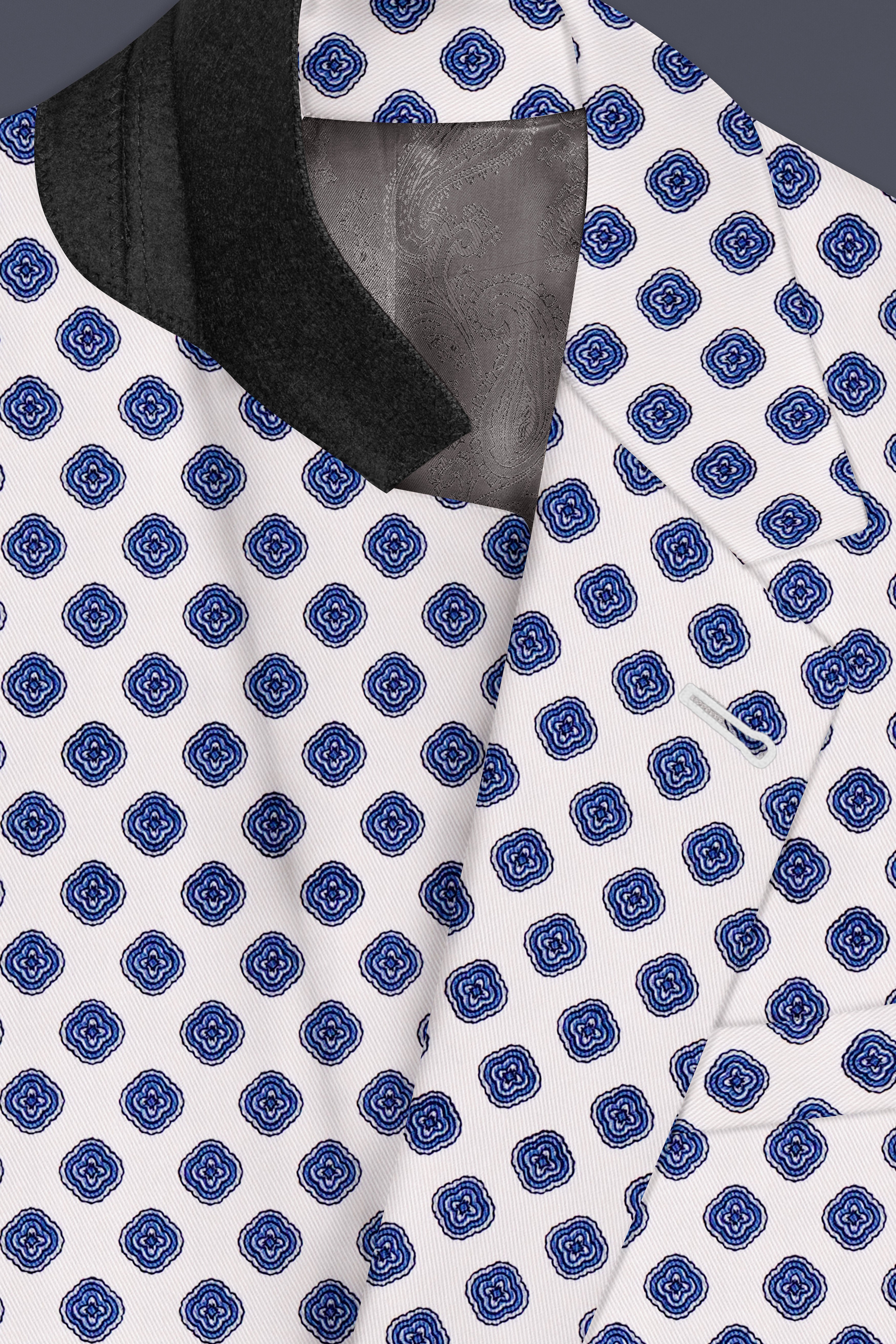 Ocean Echo-Bright White And Mariner Blue Retro Printed Cotton Single Breasted Suit