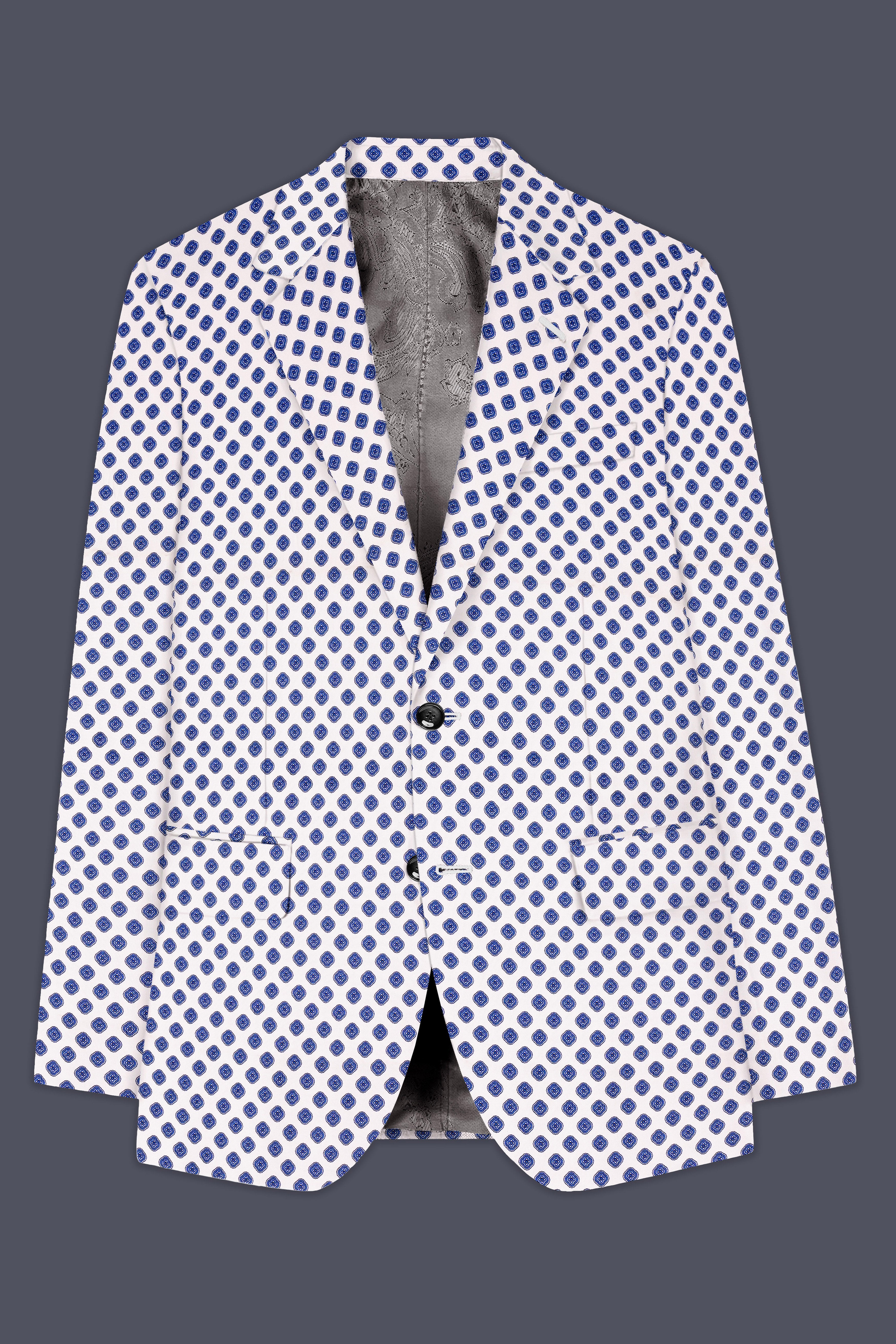 Ocean Echo-Bright White And Mariner Blue Retro Printed Cotton Single Breasted Suit