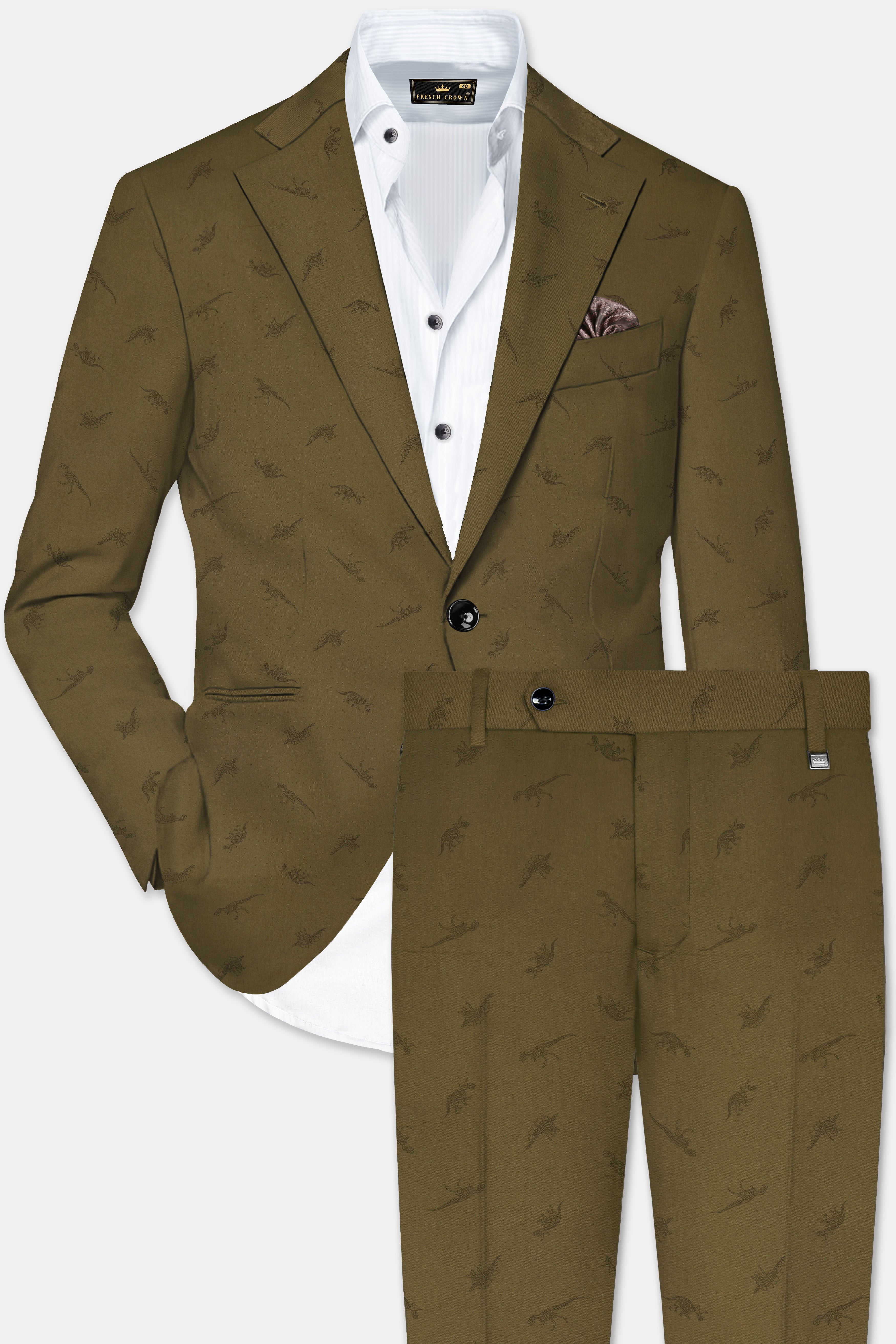 Prehistoric-Hemlock Green Dinosaur Printed Cotton Single Breasted Suit