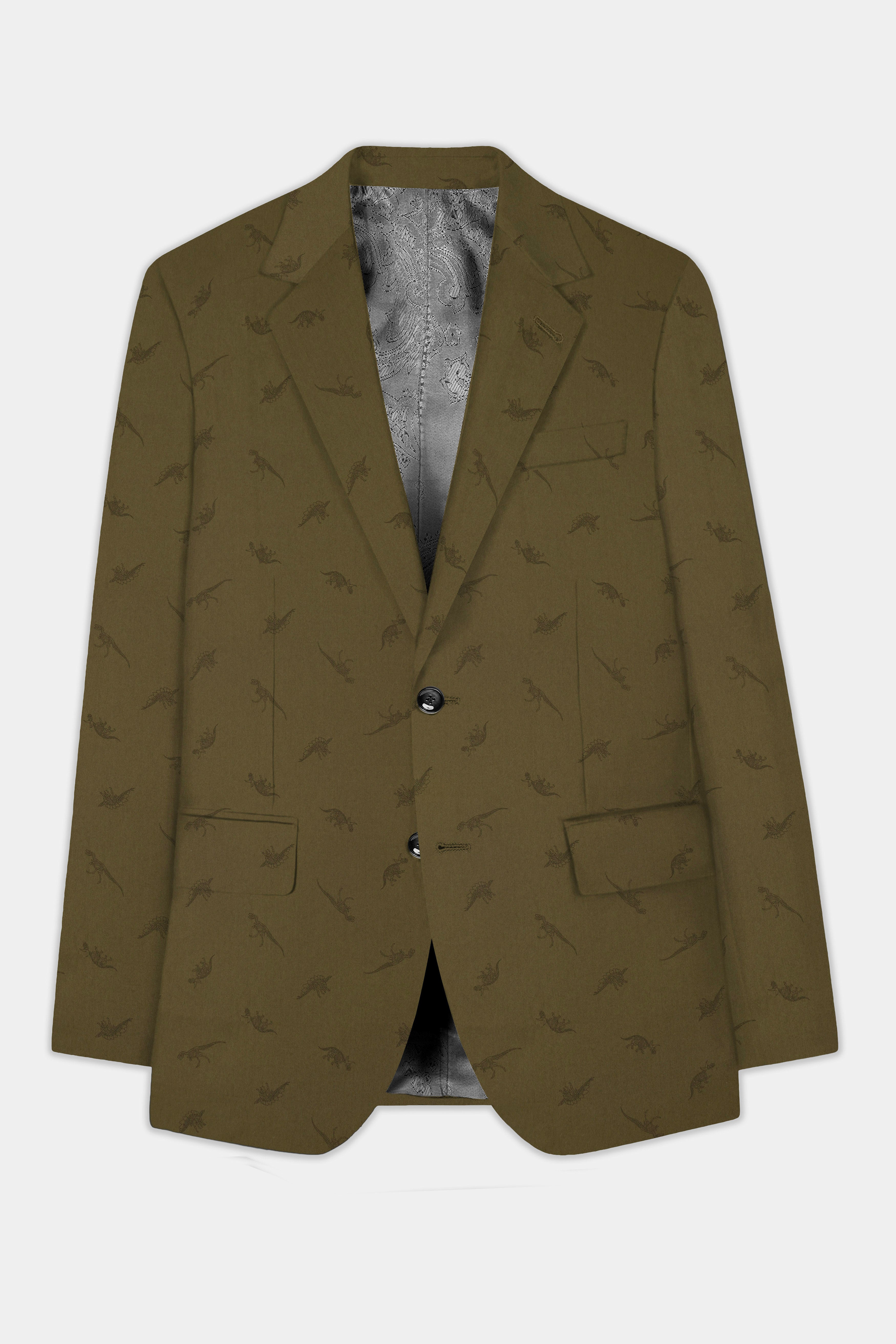 Prehistoric-Hemlock Green Dinosaur Printed Cotton Single Breasted Suit