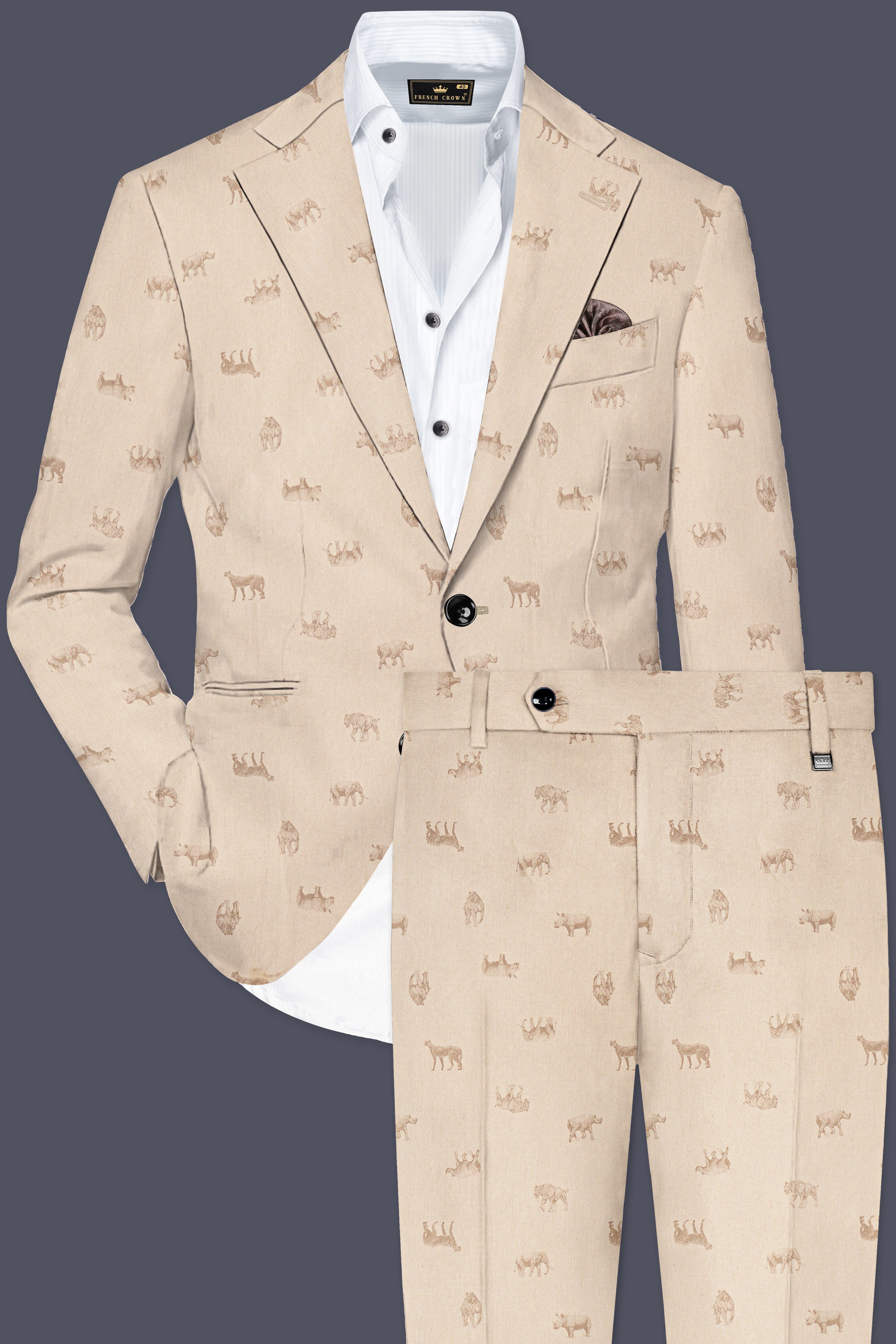 Ivory Wild-Vanilla Cream Animal Printed Cotton Single Breasted Suit