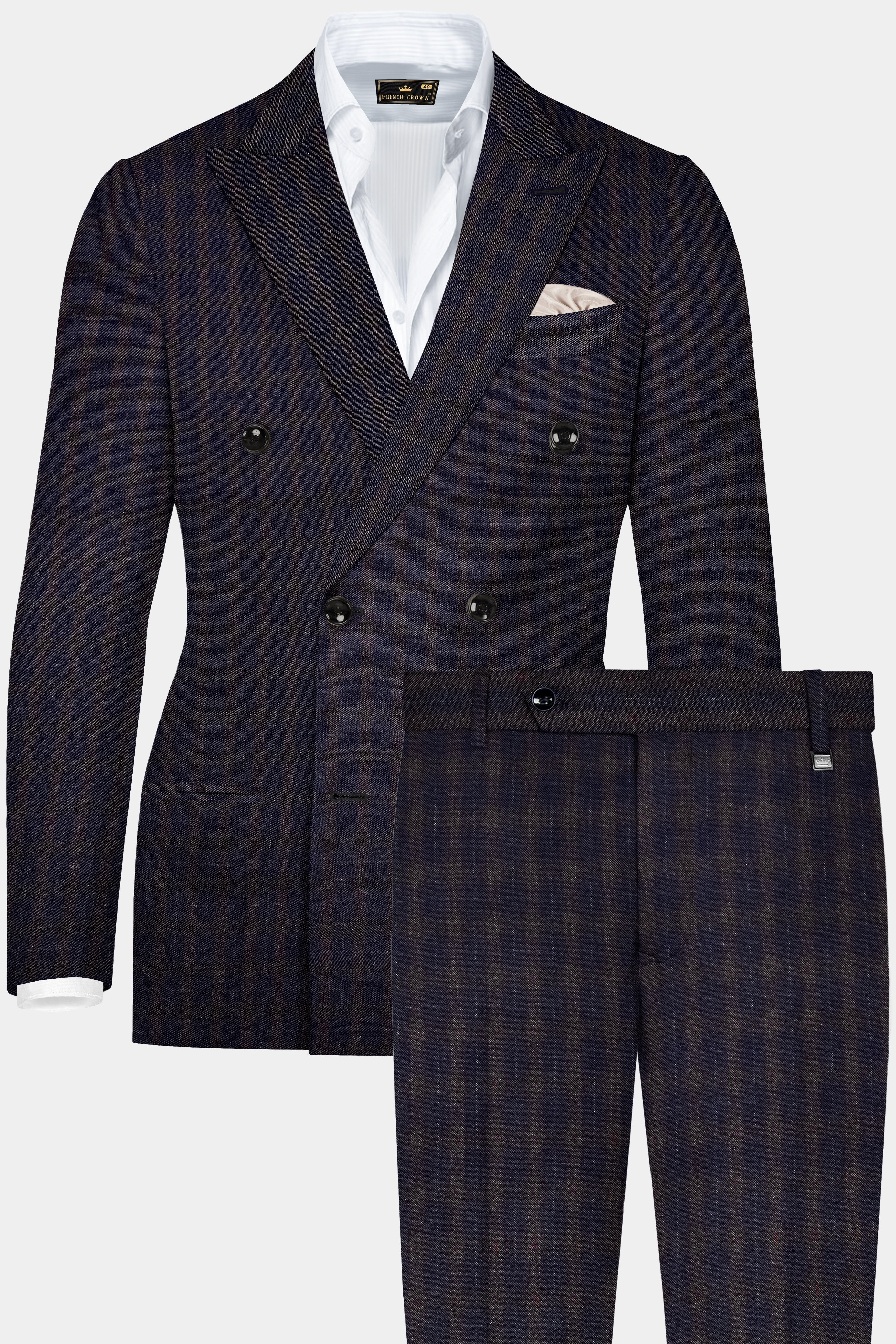 Racing-Mirage Blue And Brown Plaid Wool Rich Double Breasted Suit