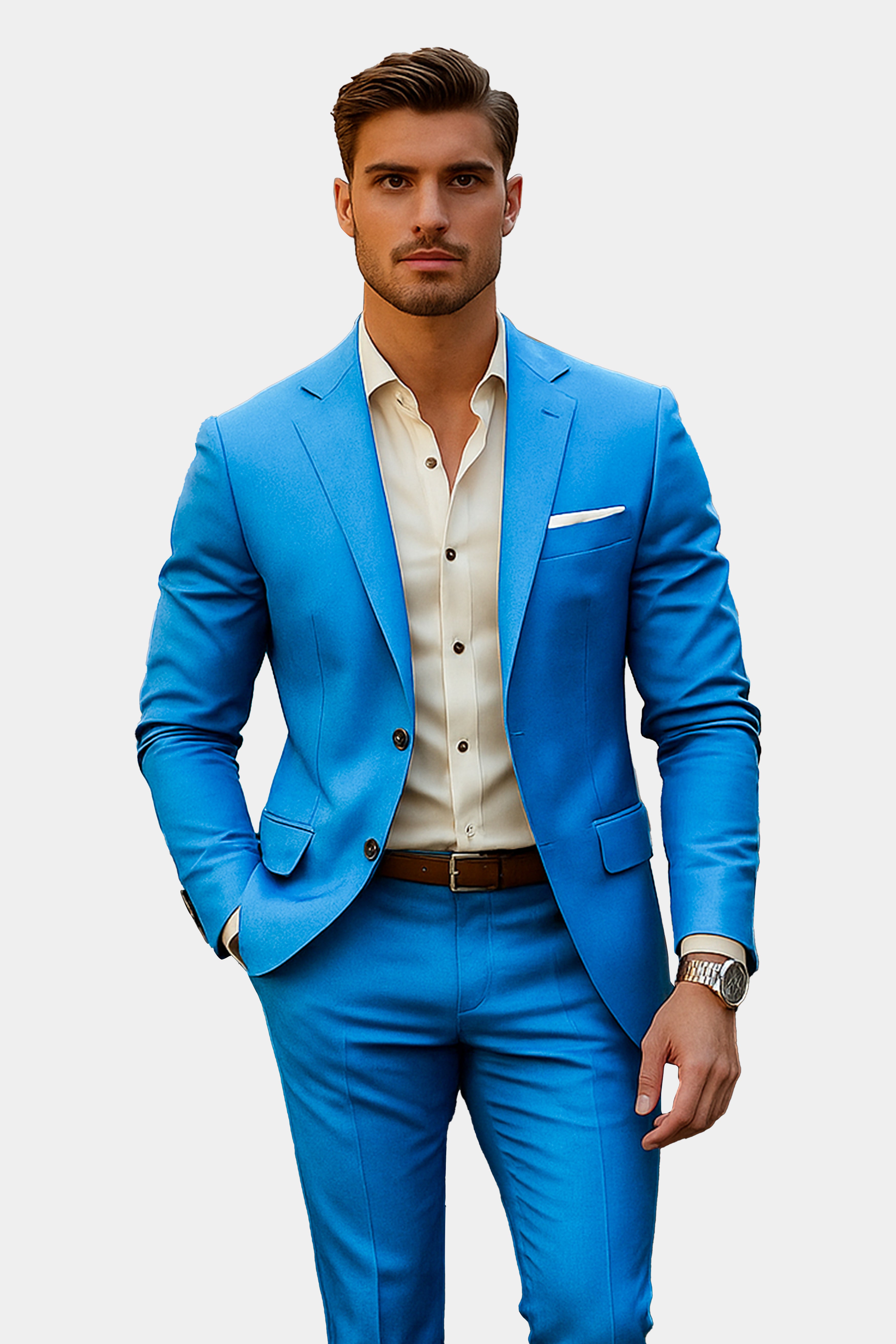 Azure-Venice Blue Solid Wool Rich Single Breasted Slight Stretch Suit