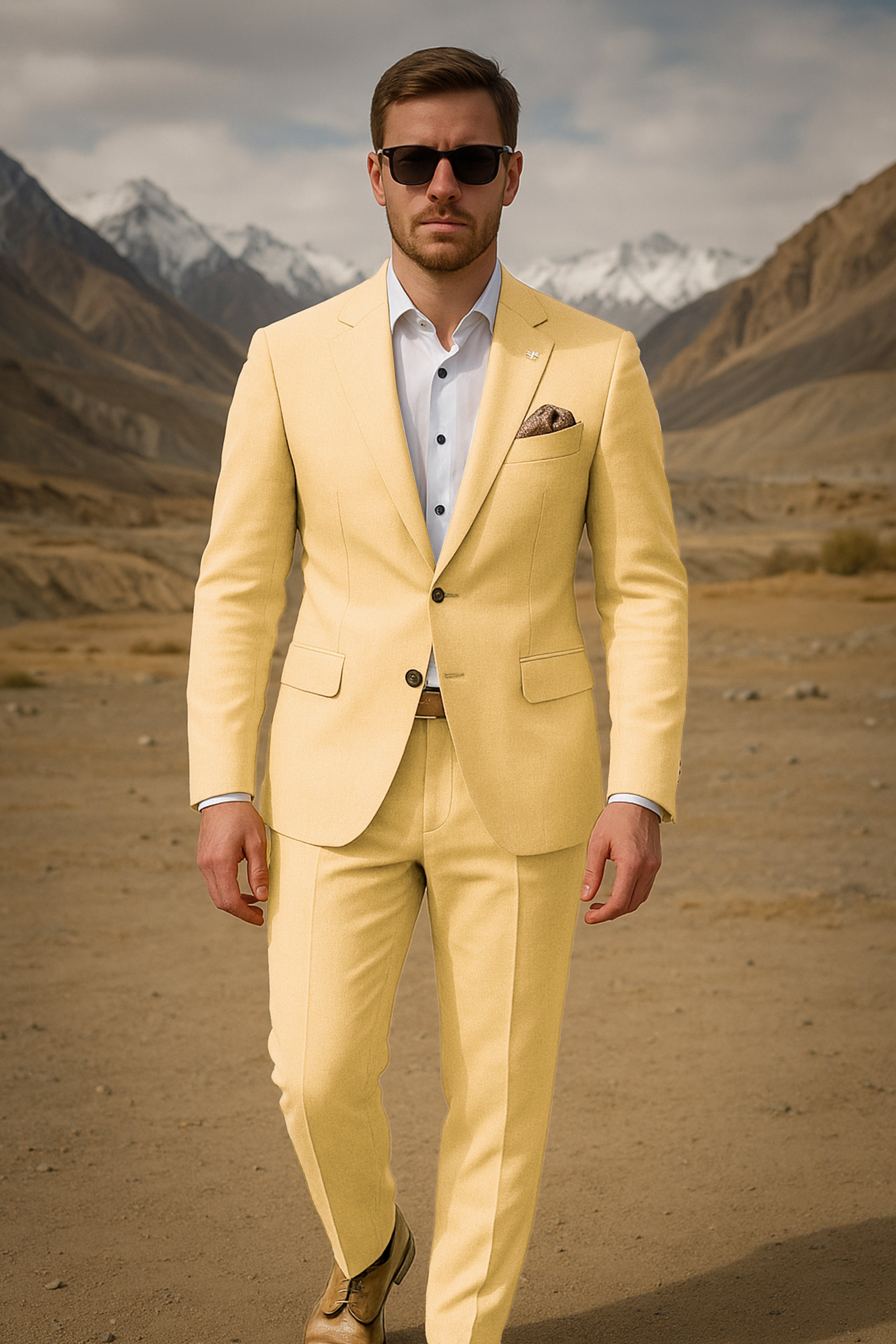 Saffron-Harvest Yellow Solid Wool Rich Single Breasted Slight Stretch Suit
