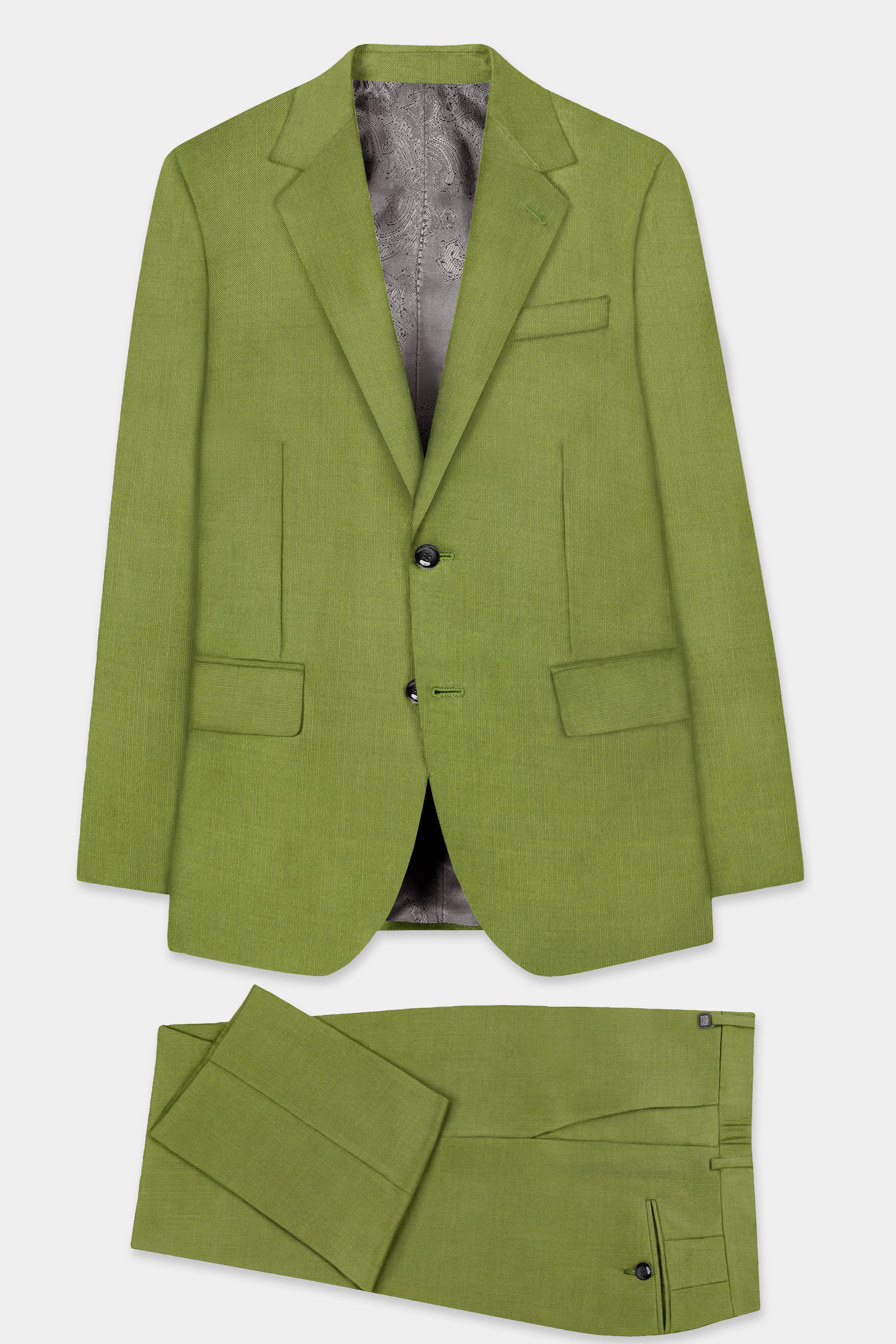 Pistachio-Wasabi Green Solid Wool Rich Single Breasted Slight Stretch Suit